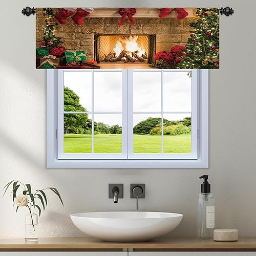 Miniatura 2 de Renaiss Cortinas de ventana de cocina para chimenea, 52 x 18 pulgadas, calcetines rojos de Navidad, decoración de ventana pequeña, decoración
