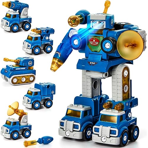hahaland Toys for 5 Year Old Boy Birthday Gift - STEM Boys Toys for 6 Year Old Boys Ages 5-7, 5 in 1 Building Take Apart Trucks Transform to Robot, Kids Stocking Stuffers Christmas Grandkids Gifts