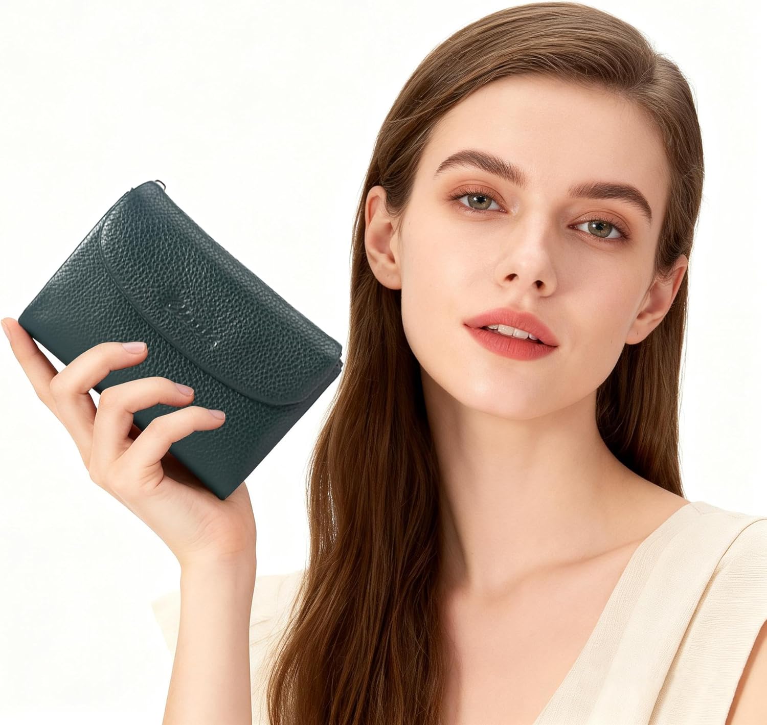 Wallet for Women [Genuine Leather] [Magnetic Closure], Large Capacity Female Ladies Bifold Wallet Card Holder, ID Window, Zipper Coin Pockets (Dark Green)