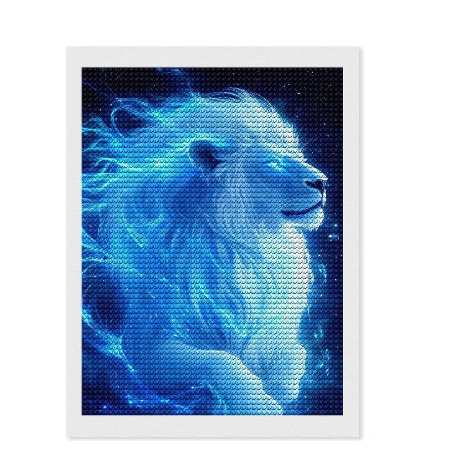 Junmoney Blue Flame Lion Full Drill Diamond Painting Kit 12"x16", Boho Decor, Aesthetic Room Decor, Bedroom Decor, Fun Craft Activity
