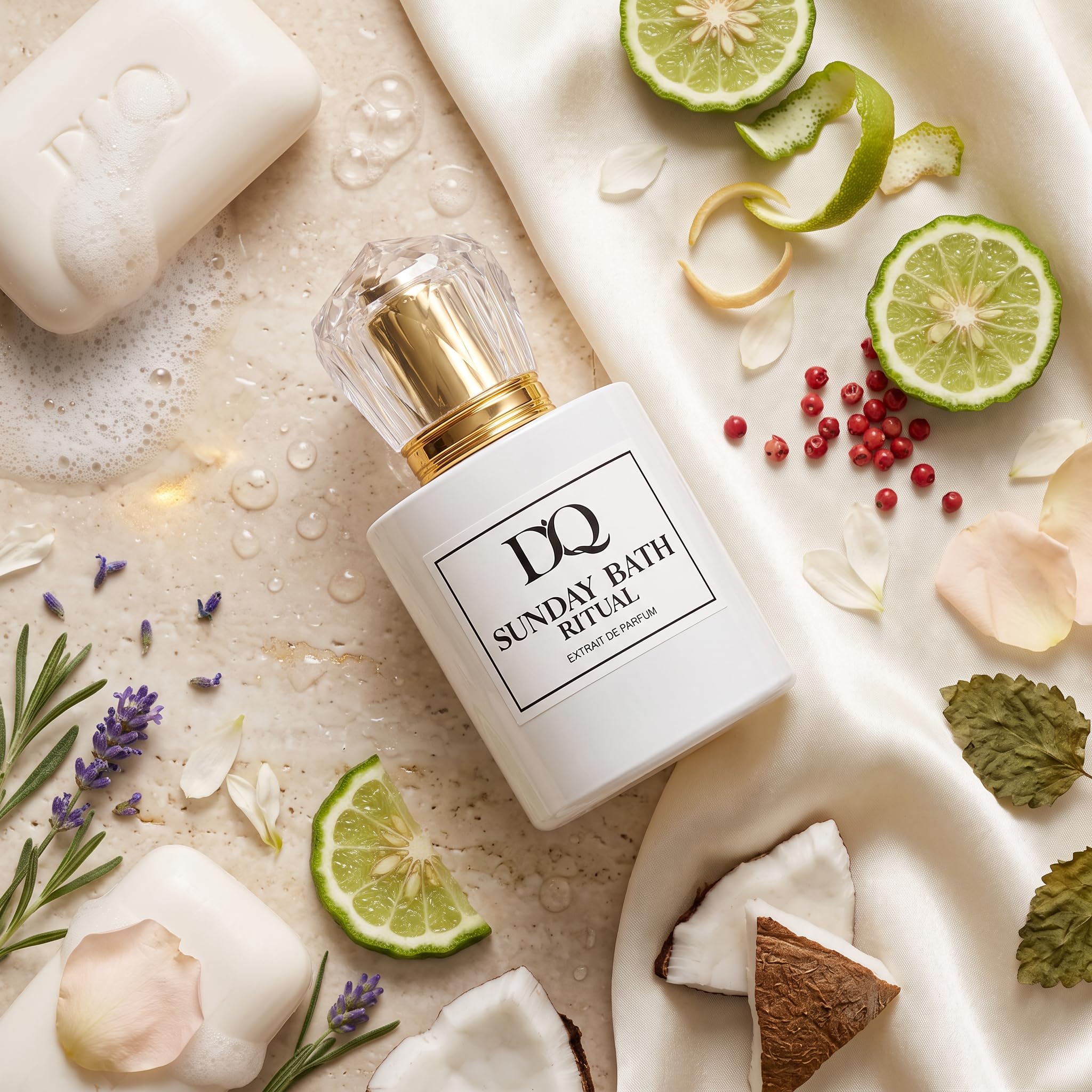 D’QAR Sunday Bath Ritual | Extrait de Parfum 50 ml – Frisch-sauberer Damenduft mit Bergamotte, Jasmin, Lavendel, Rose, weißem Moschus & Kokosnuss – Langanhaltendes Clean-Girl Parfum