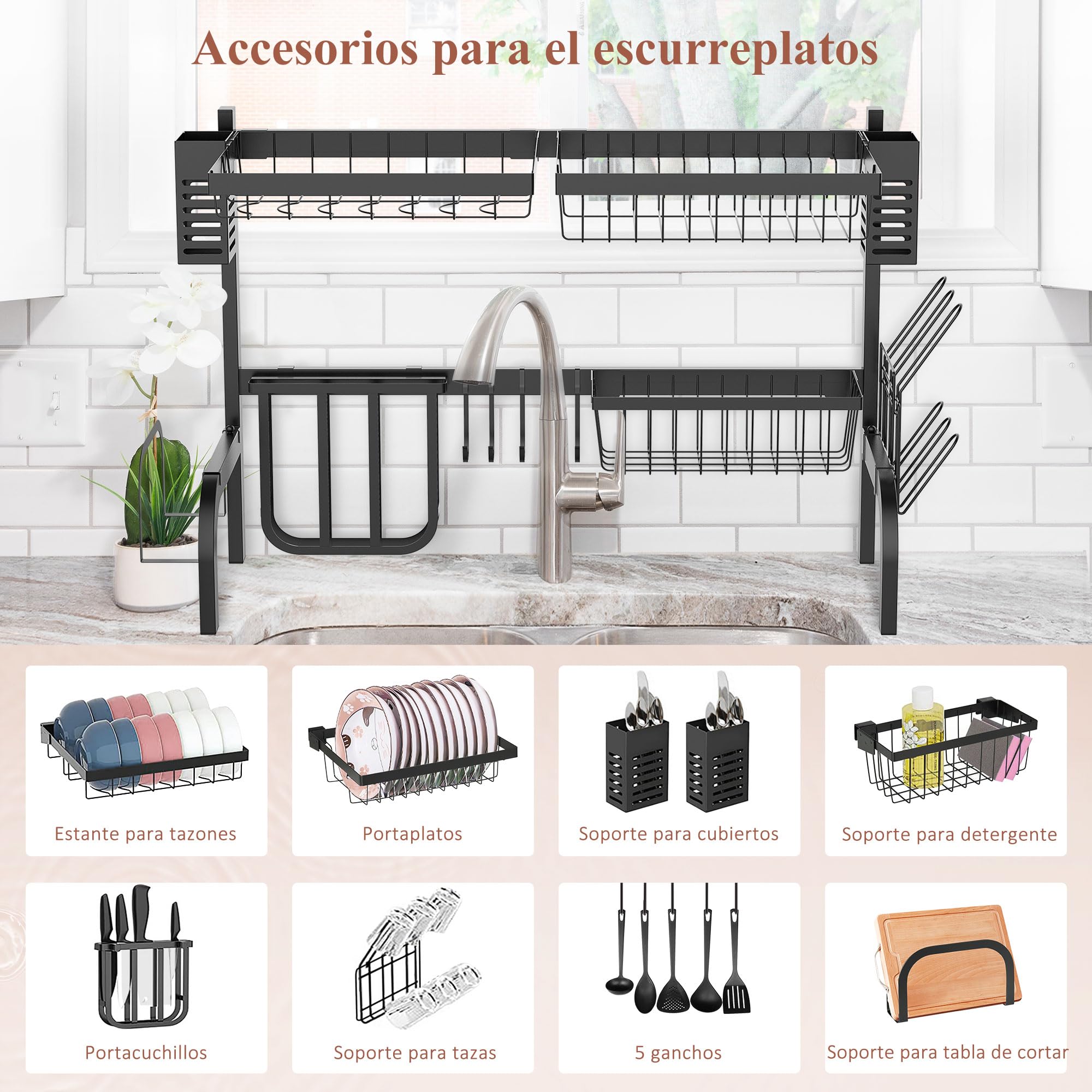 HOMCOM Escurreplatos de Acero 2 Niveles 5 Ganchos 65x31,5x52,5 cm Negro
