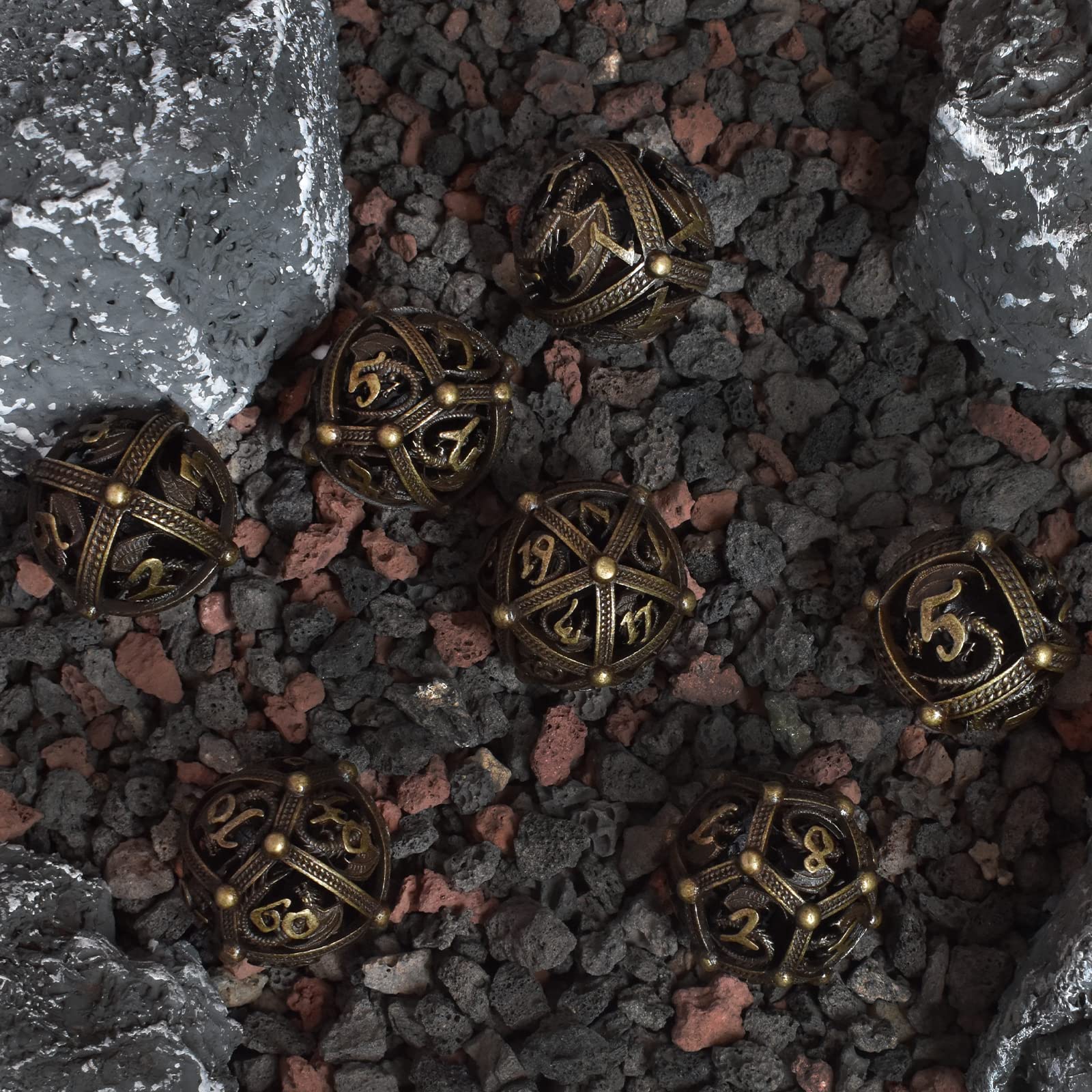RULE DICE Hollow Sphere Metal Dice Set For D&D - Dragon Design, 7-Piece Polyhedral Set (Silver Dragon)
