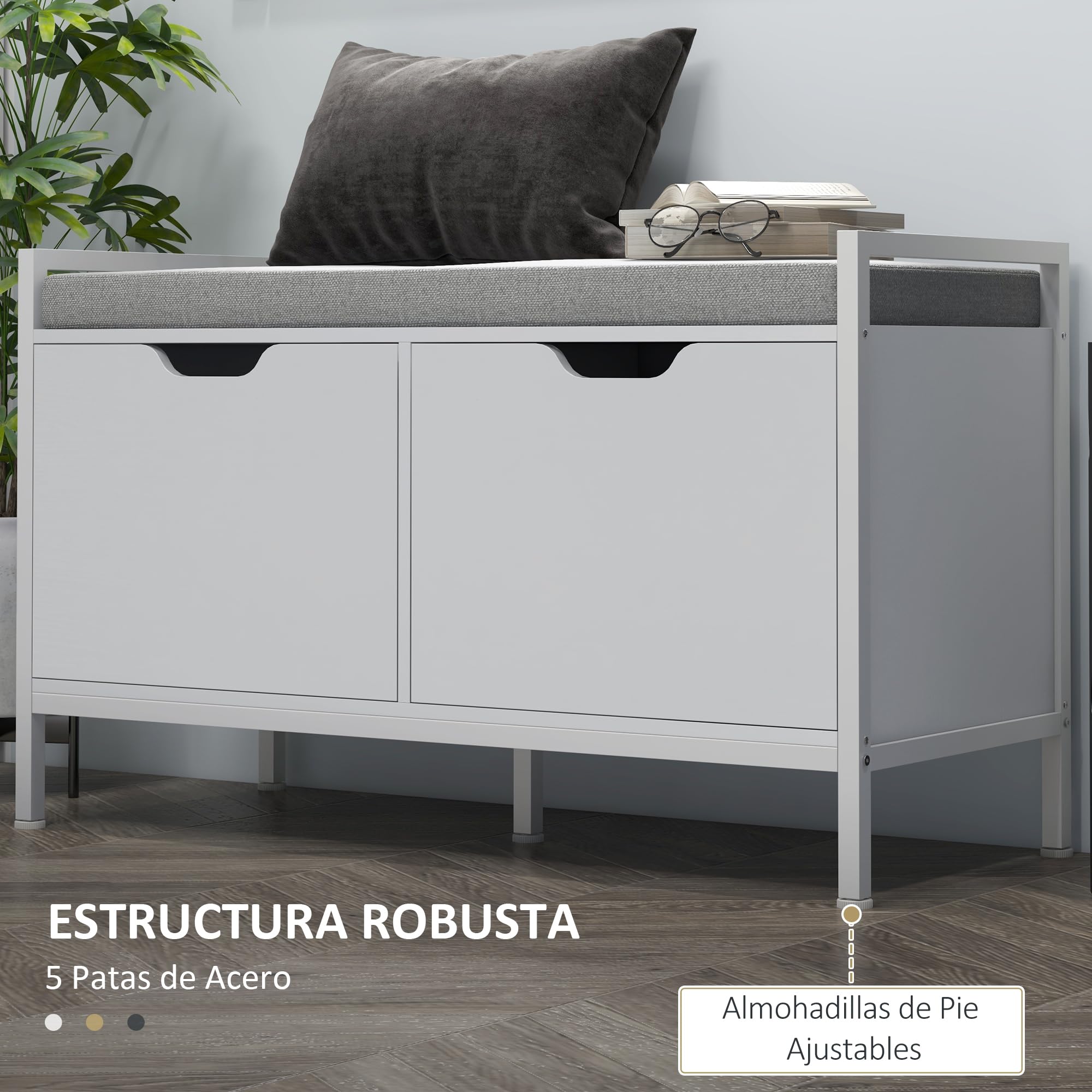HOMCOM Banco Zapatero con Asiento Cojín Extraíble 84x35x50 cm Blanco | Mueble Zapatero, para 4 Pares de Zapatos, para Entrada Recibidor Salón Pasillo