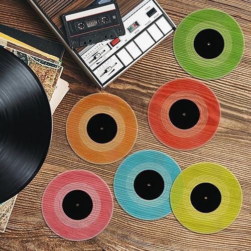 Miniatura 6 de Boao 6 posavasos de disco de vinilo retro divertidos para bebidas, 4 pulgadas, posavasos geniales con soporte de madera retro, posavasos para