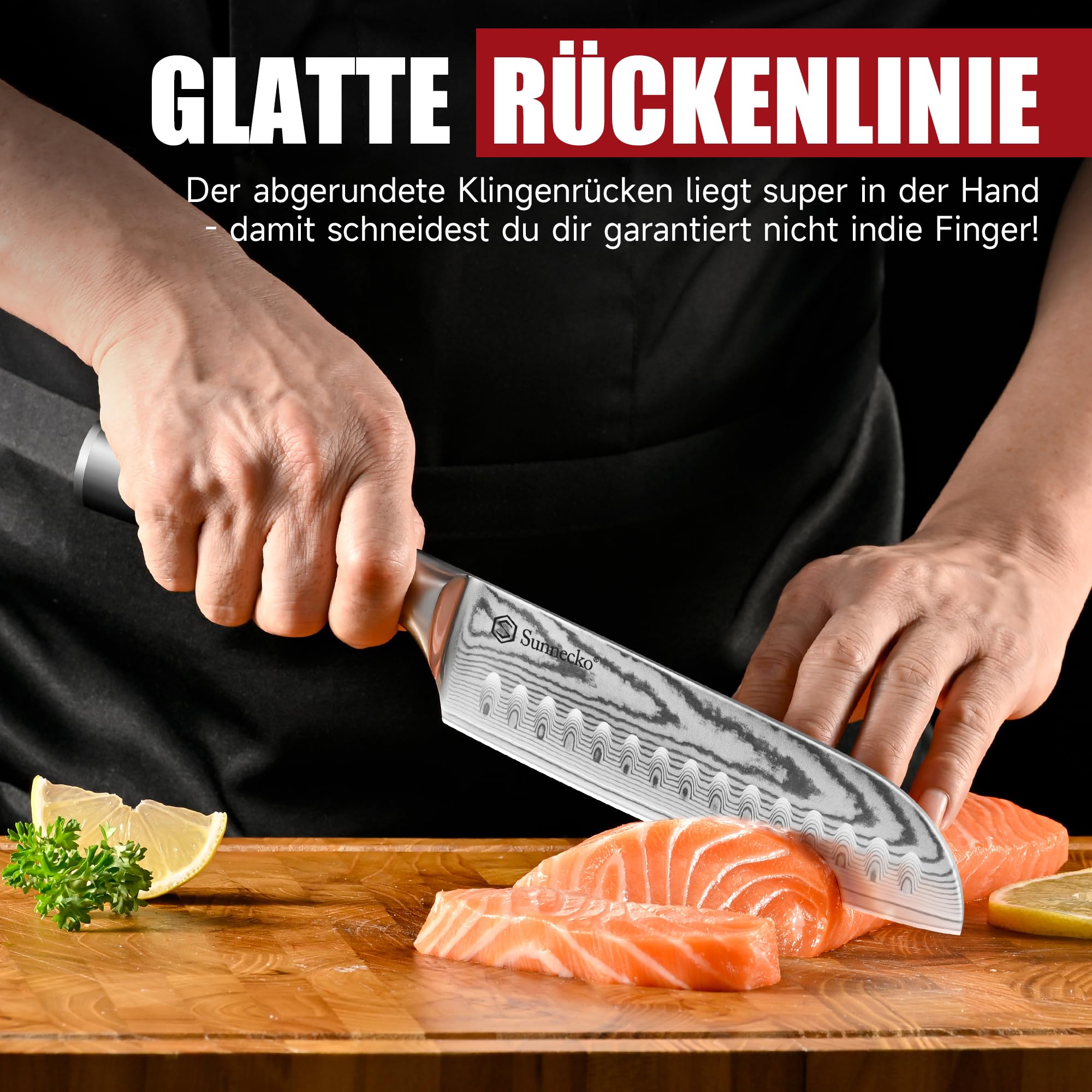 Sunnecko Santoku Messer Damastmesser 17cm, Hochwertiges Küchenmesser aus VG-10 Stahl, Fleischmesser mit Ergonomischem Griff, Schärfes Kochmesser für Lebensmittel