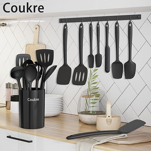 Miniatura 6 de Coukre Juego de utensilios de cocina de silicona con soporte, resistentes al calor, herramientas de cocina de grado alimenticio, espátula, cuchara y
