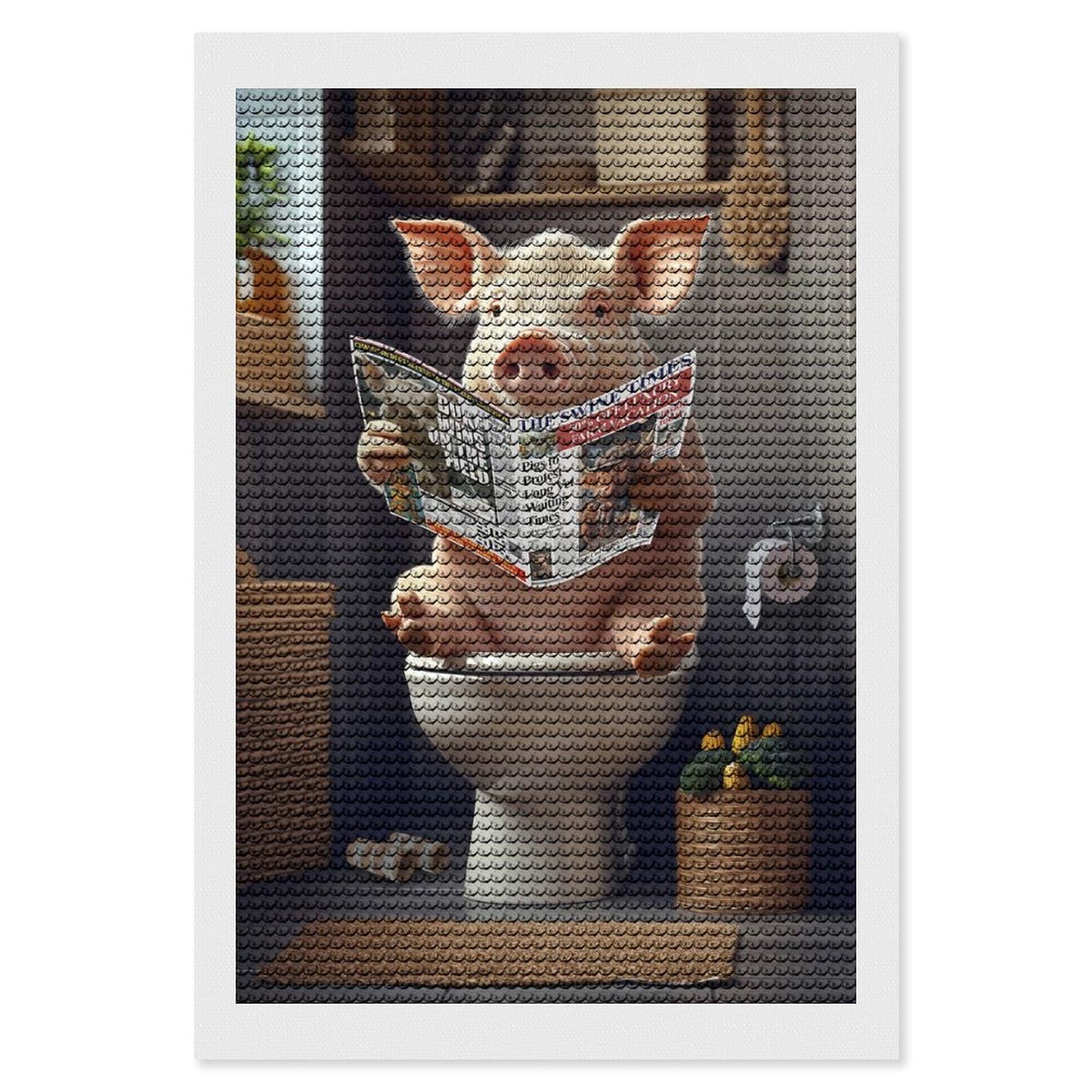 Junmoney Pig Reading Newspaper on Toilet Diamond Painting Canvas Kit 8"x12", Adhesive Canvas, Christmas Gift, Full Kit Included, Thoughtful Present