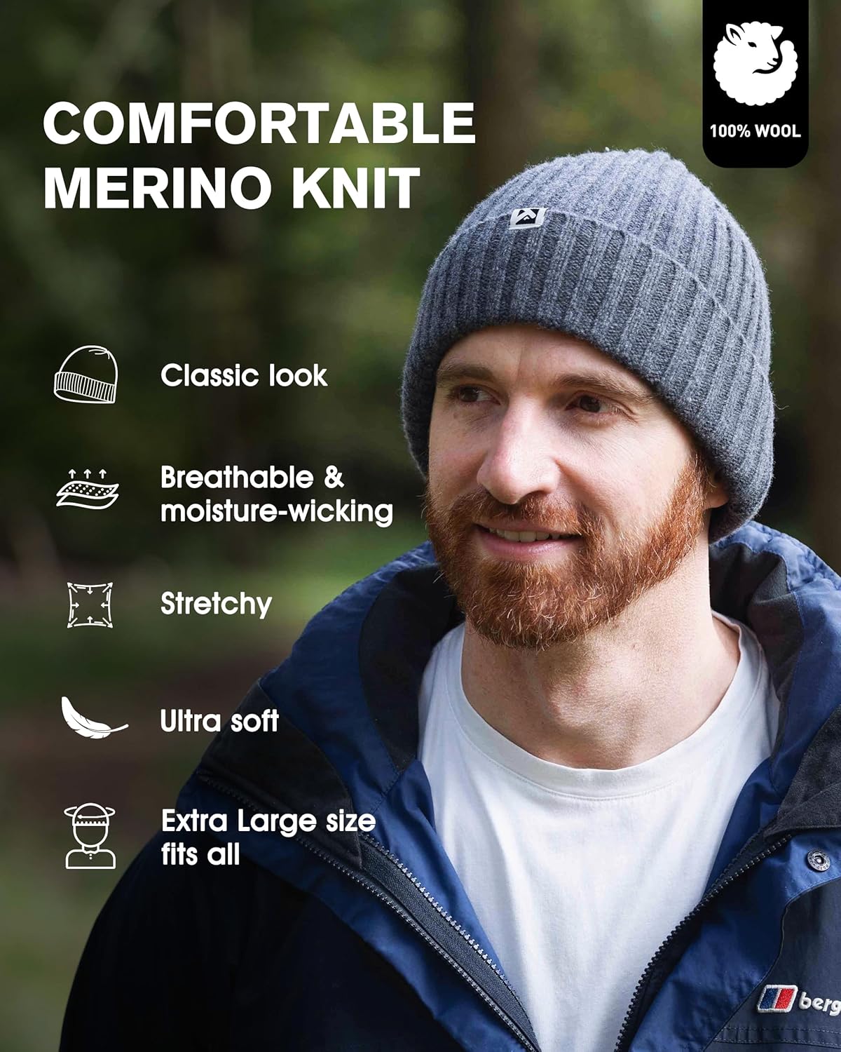 TOP-EX PolarWool™ L/XL/XXL 100% Merino Wool Beanie Fleece Lined Hat Watch Cap for Cold Weather Winter Warm - Image 2