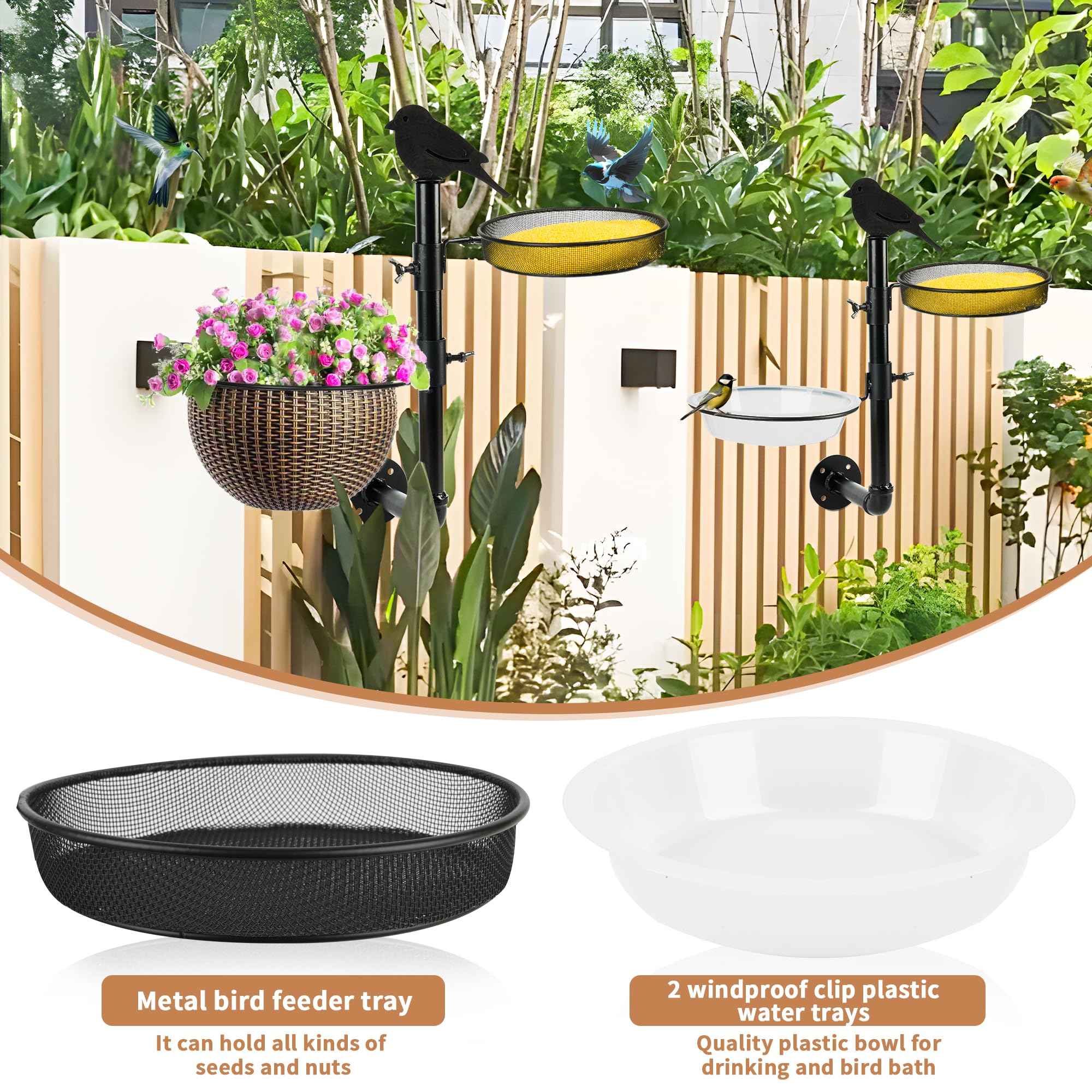 Comedero para pájaros montado en la pared, plataforma de comedero para pájaros con bandeja de semillas de metal y 2 cuencos de baño para pájaros, valla de montaje en árbol, comedero para pájaros,
