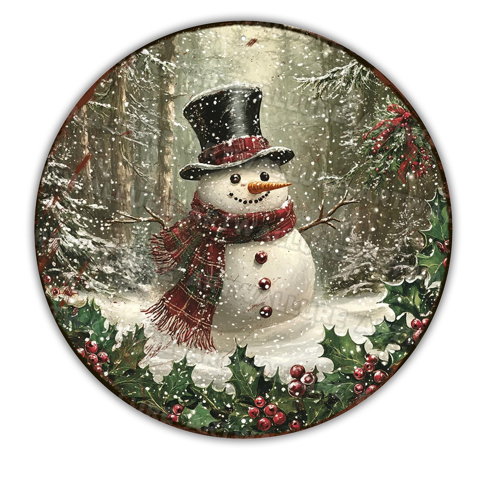 Vintage Snowman Tin Sign Round Christmas Metal Wall Decor for Porch or Outdoor, Rustic Winter Wreath Accent Perfect for Farmhouse Entryway & Living Room 12x12Inch