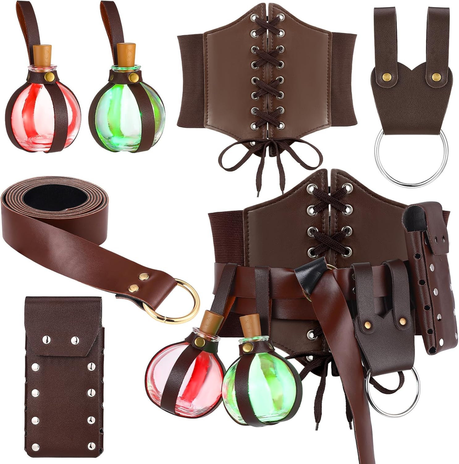 Ramede Halloween Renaissance Cosplay Costume Leather Ring Belt Witch Wizard Waist Corset Cork Potion Bottle Medieval Pouch