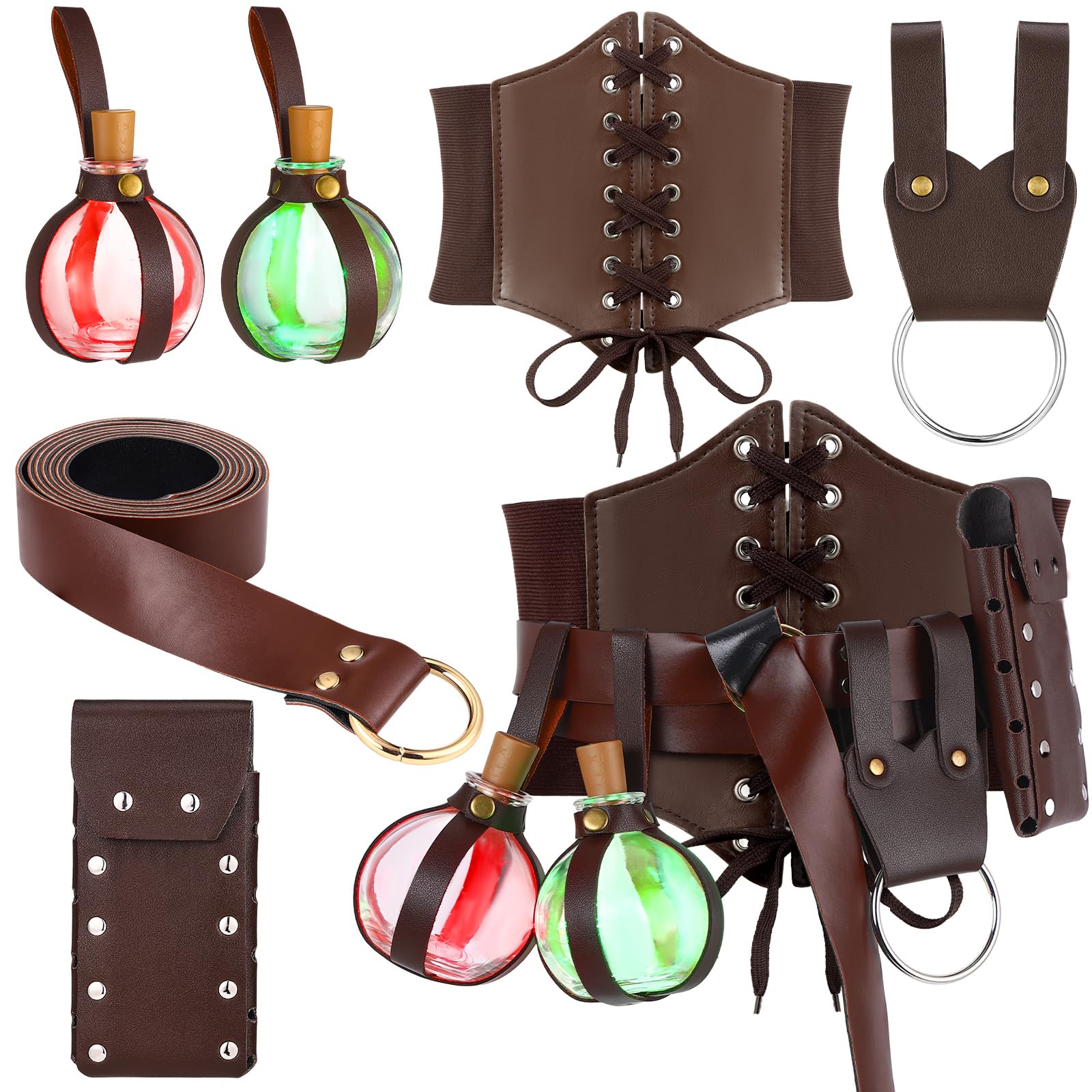 Ramede Halloween Cosplay Accessories Leather Ring Belt Witch Wizard Waist Corset Cork Potion Bottle Medieval Pouch(Brown)