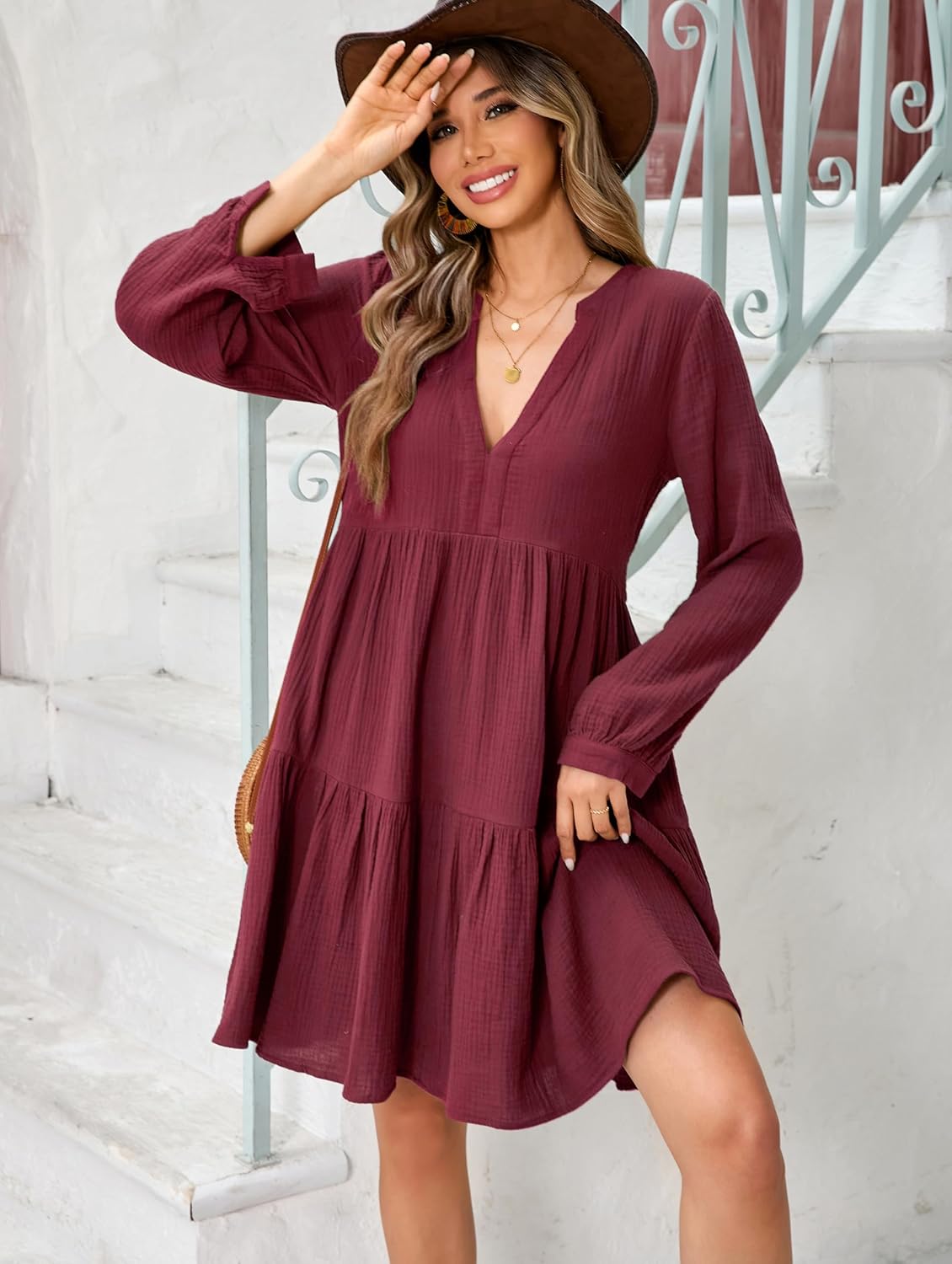 R.Vivimos Cotton Casual Dresses for Women Long Sleeve V Neck Tiered Flowy Mini Tunic Dress - Image 5