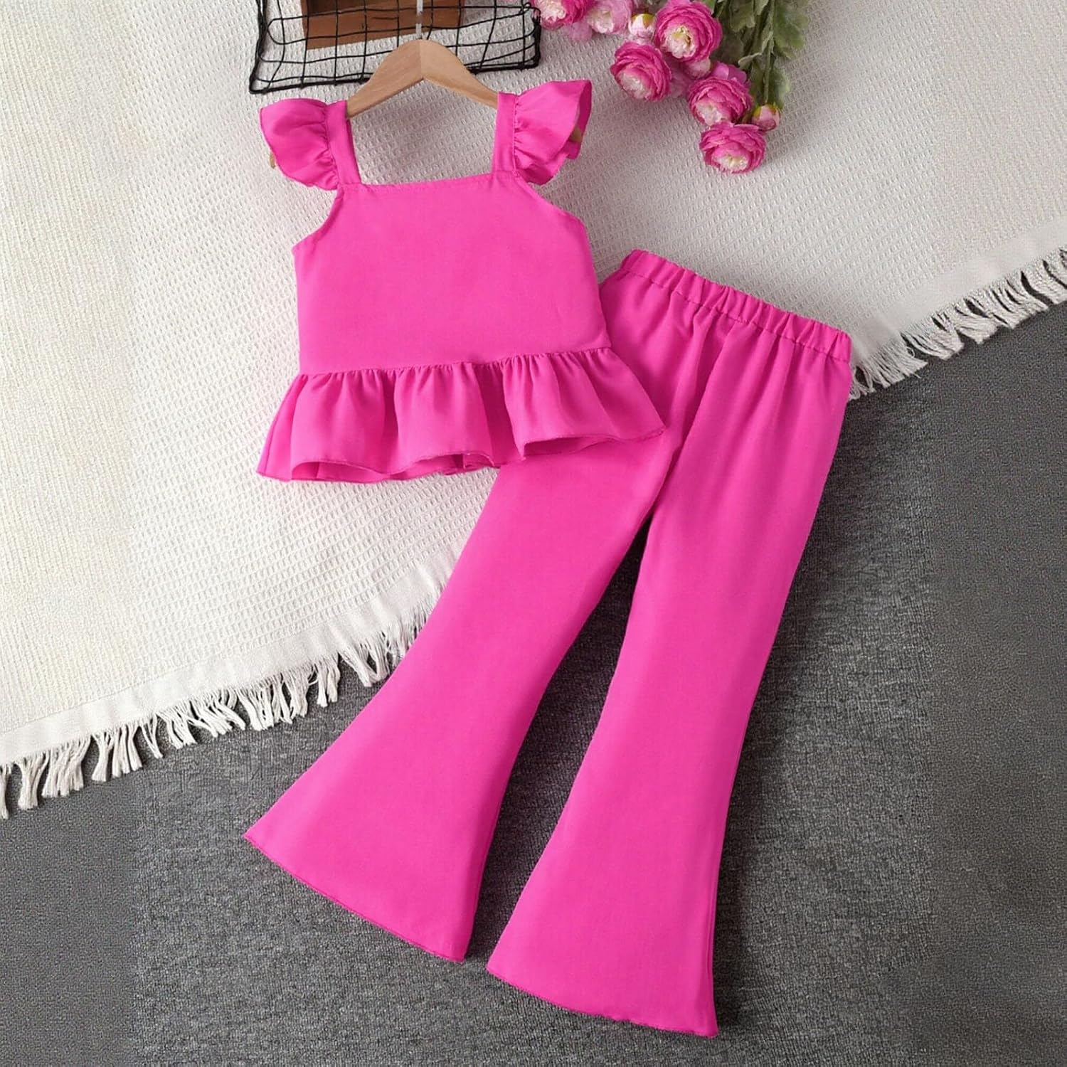 Girls Tank & Flare Pants Set Ruffle Trim Strappy Tank Top High Elastic Plain Pants Vacation Two Piece Clothing Sets