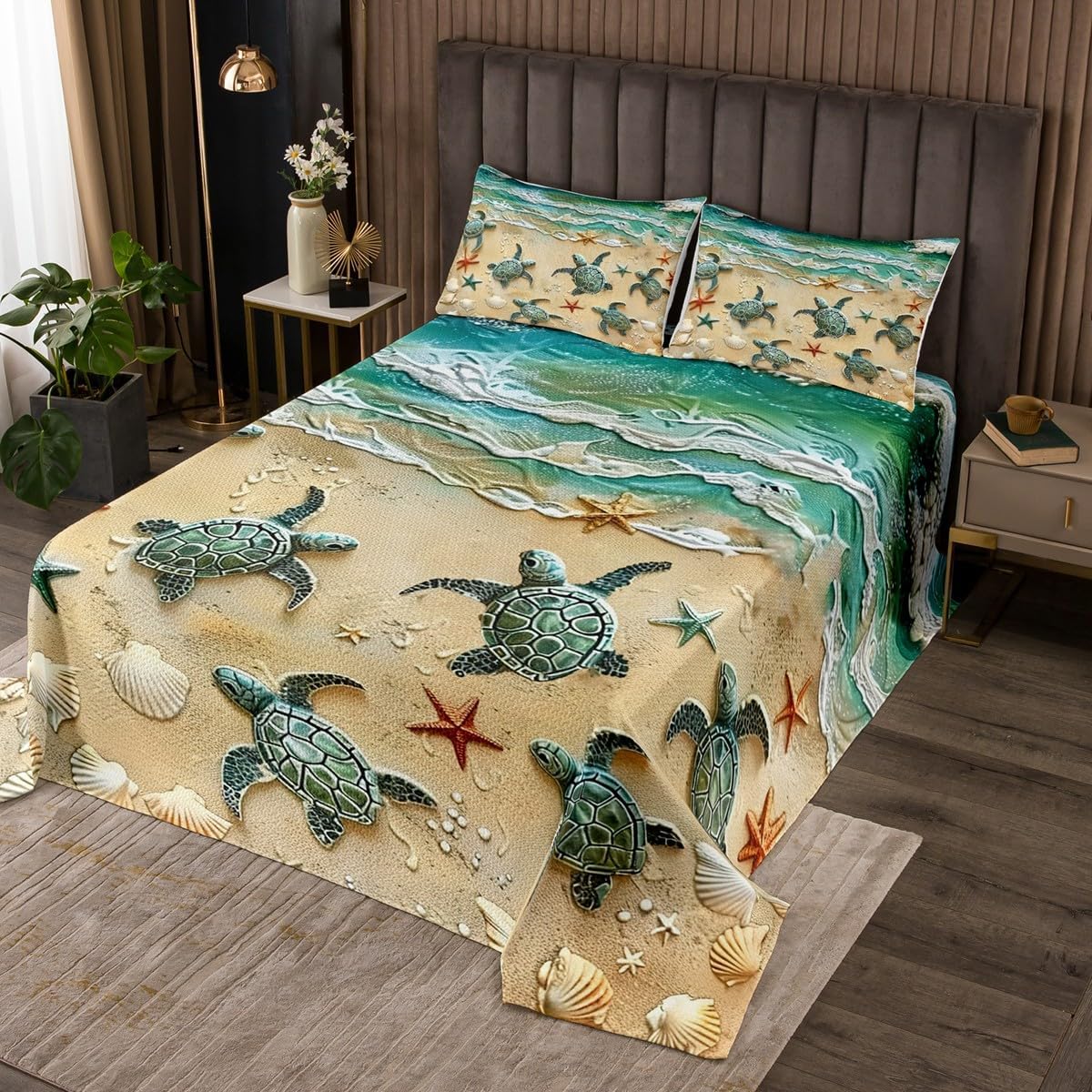 Homewish Sea Turtle Shellfish Bedspread Twin Size,Ocean Beach Sea Wave Bedding Set for Kids Boys Girls Room Decor,Hawaii Starfish Sealife Coverlet Set 2Pcs,Nature Underwater Animal Quilt,1 Pillowcase