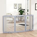 PUPETPO Freestanding Pet Gate for Dogs, Foldable Wooden Dog Gate for House Indoor, Tall Pet Fence for Stair, Doorway,Hall, Support Feet Included, 3 Panels 32,Grey