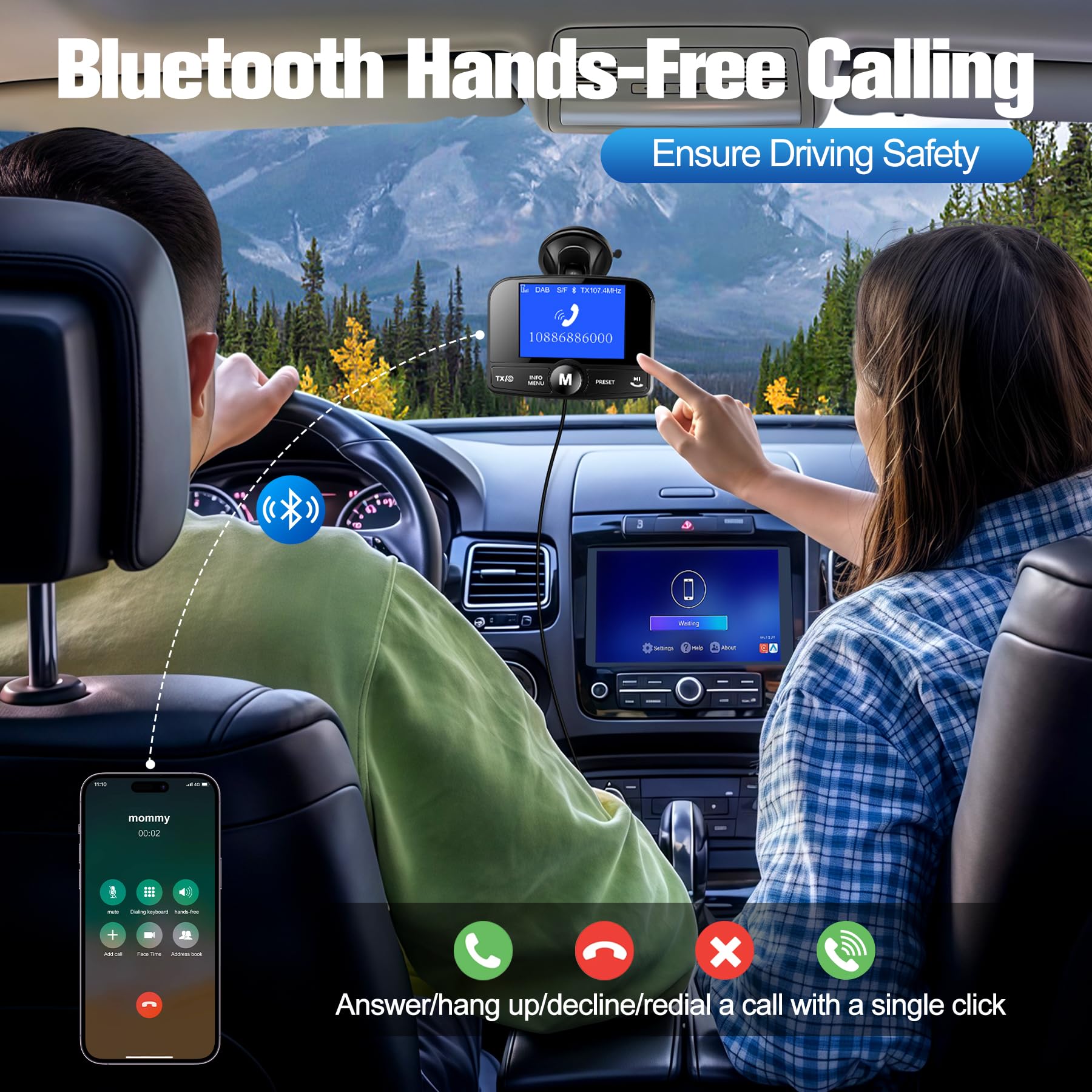 LanBlu DAB Adapter für Autoradio, DAB Adapter Stereoanlage 6.1cm Buntes Display, FM Transmitter DAB+ für Autoradio mit Bluetooth Freisprecheinrichtung, DAB+ Adapte Empfänger Musikplayer+Aux In/Out