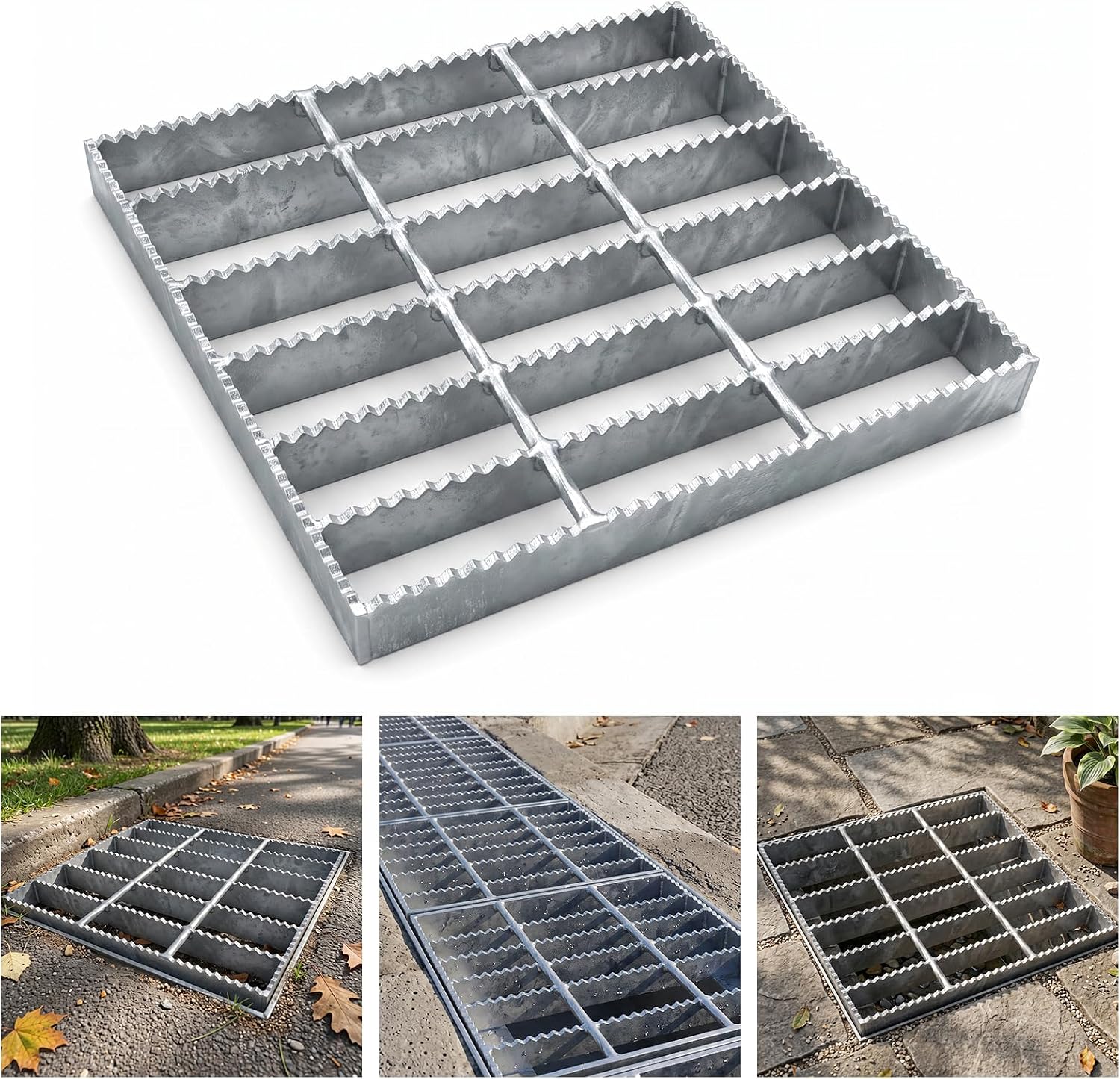 TONGMO 24 in Galvanized Steel Drain Grate, Serrated Steel Bar Grating with B125 Load Capacity, Anti-Slip Metal Catch Basin Grate for Driveway, Garage, Patio, Yard, Factory, and Outdoor Drainage