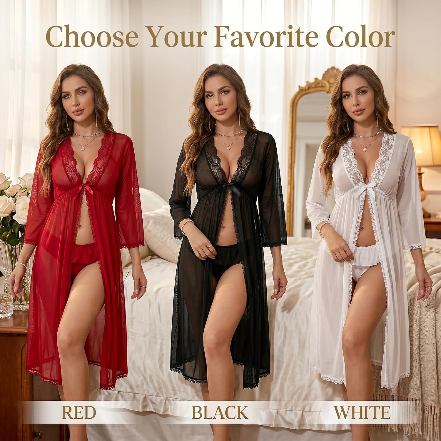 Lace Robe Set for Women, Long Lightweight Sheer Nightgown with Matching Panty, V Neck Sleepwear