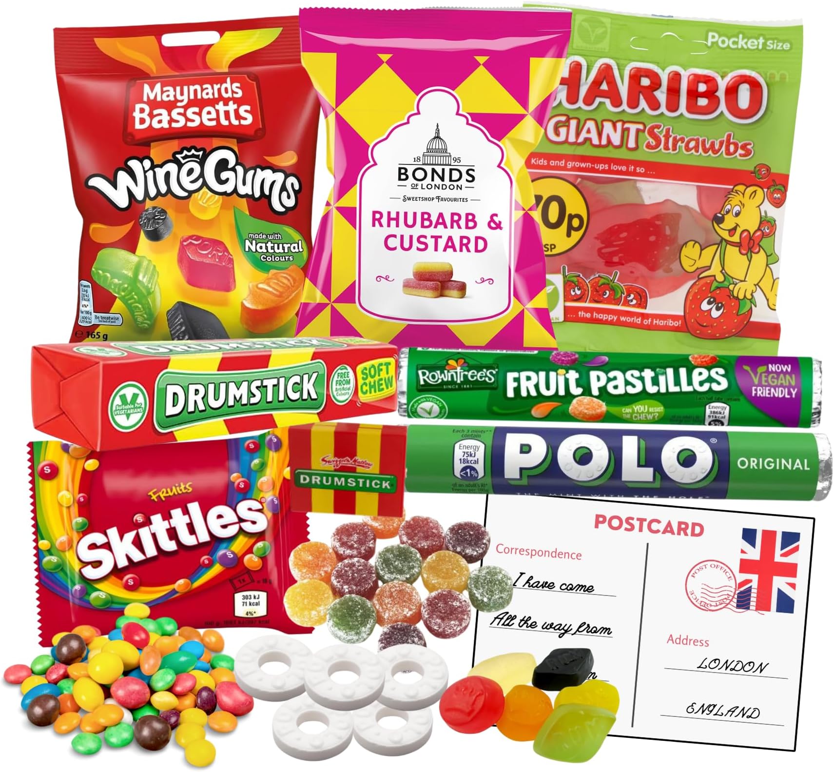 British Candy Snacks Bundle Featuring a selection of 7 English sweets, including Skittles, Wine Gums, Bonds of London, Polo's and much more!