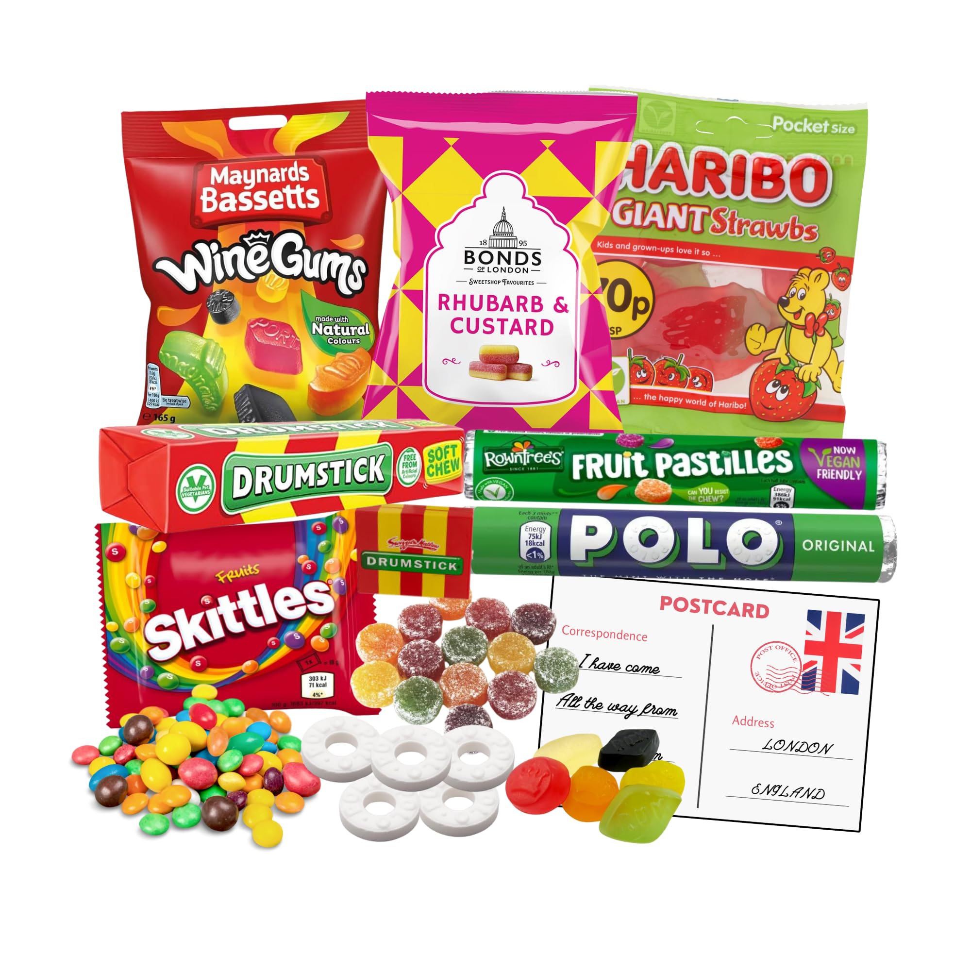 British Candy Snacks Bundle Featuring a selection of 7 English sweets, including Skittles, Wine Gums, Bonds of London, Polo's and much more!