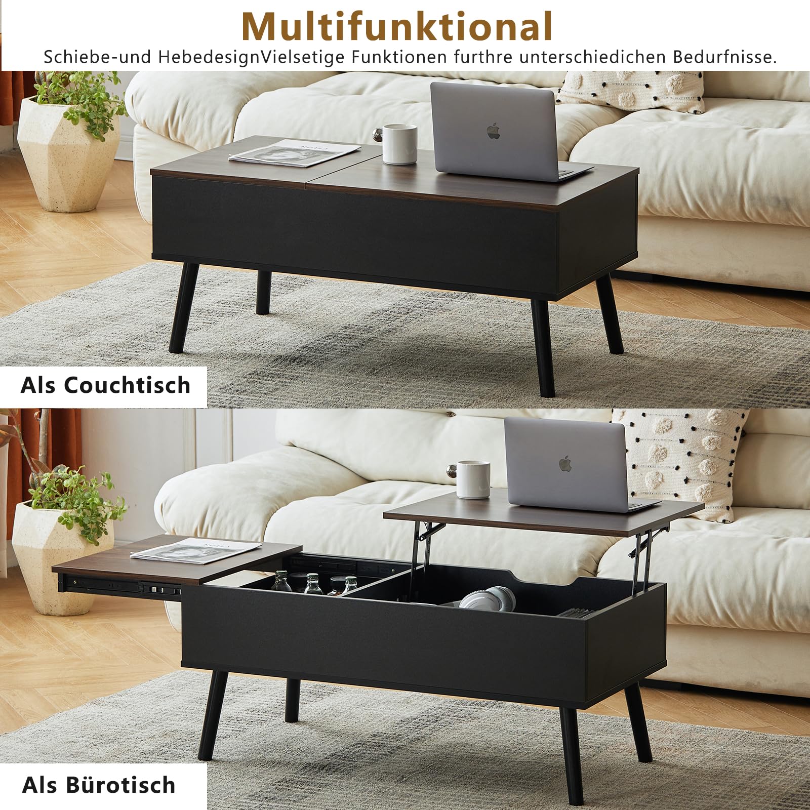 Couchtisch Höhenverstellbar mit Schiebeplatte, Couchtisch mit Stauraum, Modern Wohnzimmertisch mit 2 Großen Versteckten Ablagefächern, 100 x 50 x 43.5 cm (Braun)