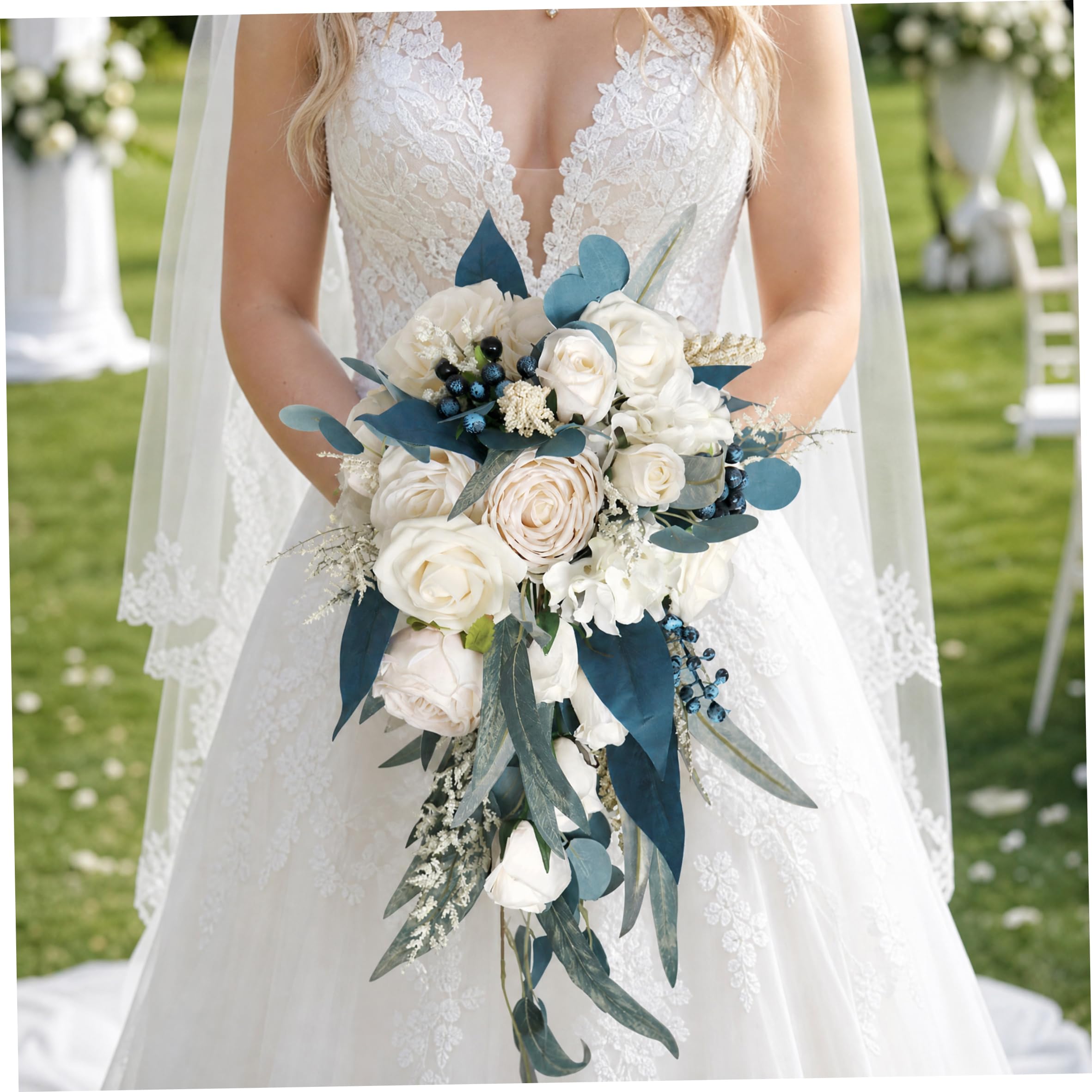 Fiori artificiali, bouquet da sposa per la sposa, bouquet da asimmetrico a cascata con gocce di rosa bianca, bacche e foglie per accessori fotografici e feste di sarchiatura, 10 x 20 pollici
