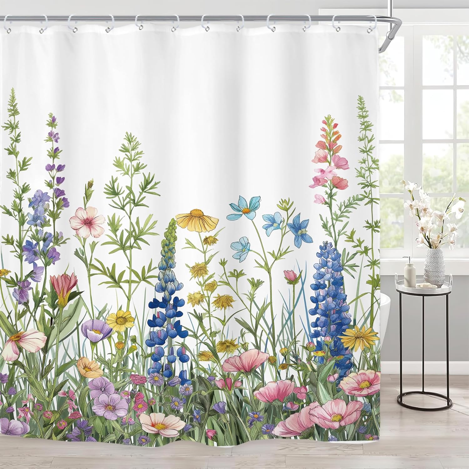 Riyidecor Extra Long Shower Curtain for Bathroom Decor 72Wx84H Wildflower Floral Watercolor Flower Spring Botanical Plant Rustic Nature Art Printed Fabric Polyester Waterproof 12 Pack Plastic Hooks