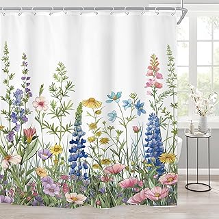 Riyidecor Extra Long Shower Curtain for Bathroom Decor 72Wx84H Wildflower Floral Watercolor Flower Spring Botanical Plant Rustic Nature Art Printed Fabric Polyester Waterproof 12 Pack Plastic Hooks