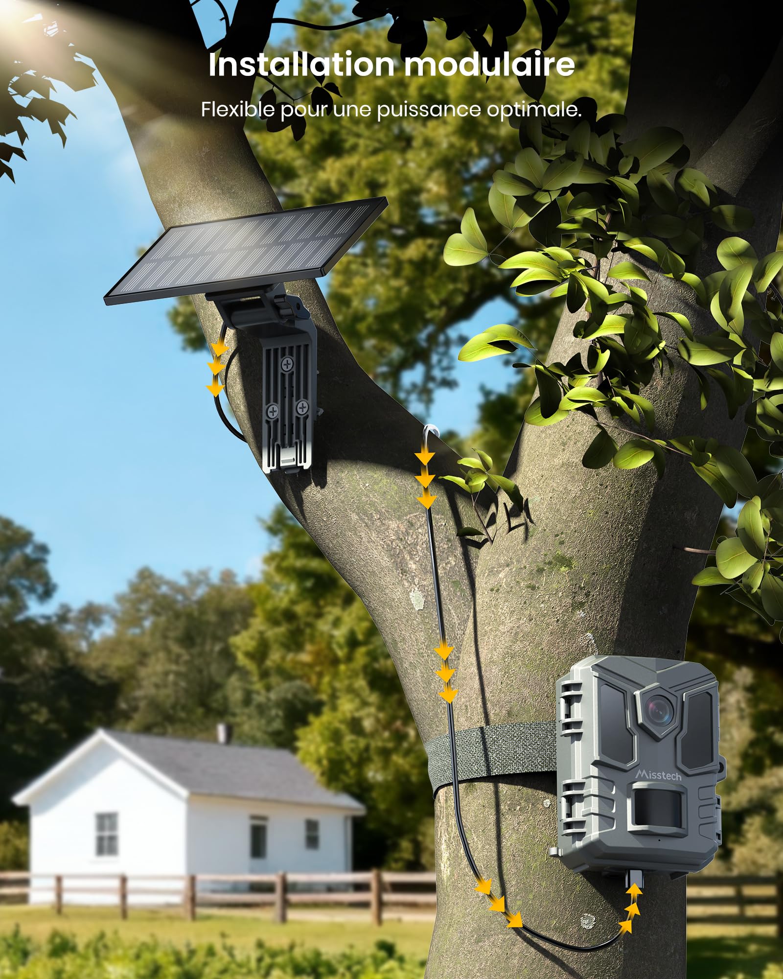 Misstech Caméra de Chasse Solaire 4K 64MP: Contrôle App, sans Abonnement | 0,1s Déclenchement, Vision Nocturne, IP66, Stockage Local, Idéal pour Jardin, Ferme et Observation des Animaux Sauvages