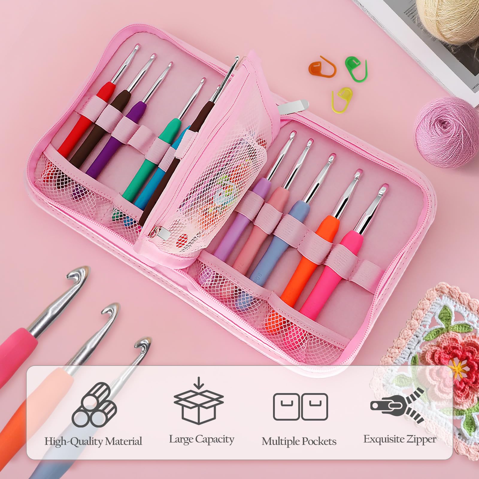 Blingcute Juego de 50 ganchos ergonómicos de ganchillo (0.6 mm-8.0 mm), ganchos de ganchillo para manos artríticas con accesorios de ganchillo, kit de agujas de ganchillo de metal con bolsa rosa para