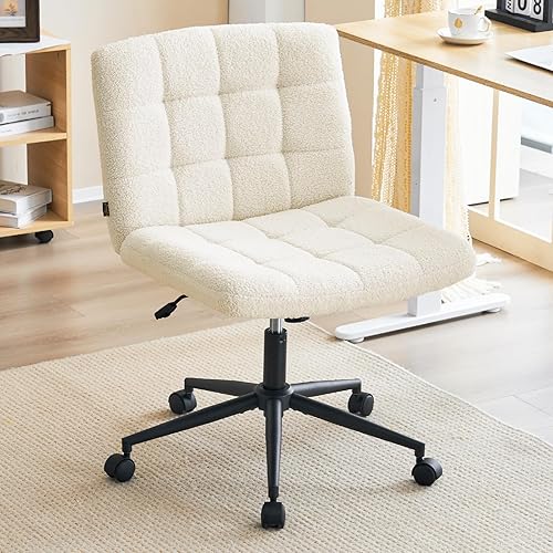 Furnimart Silla de escritorio ancha sin brazos con ruedas, silla giratoria cruzada con respaldo medio para oficina en casa, asiento ancho ajustable Furnimart Silla de escritorio ancha sin brazos con ruedas, silla giratoria cruzada con respaldo medio para oficina en casa, asiento ancho ajustable