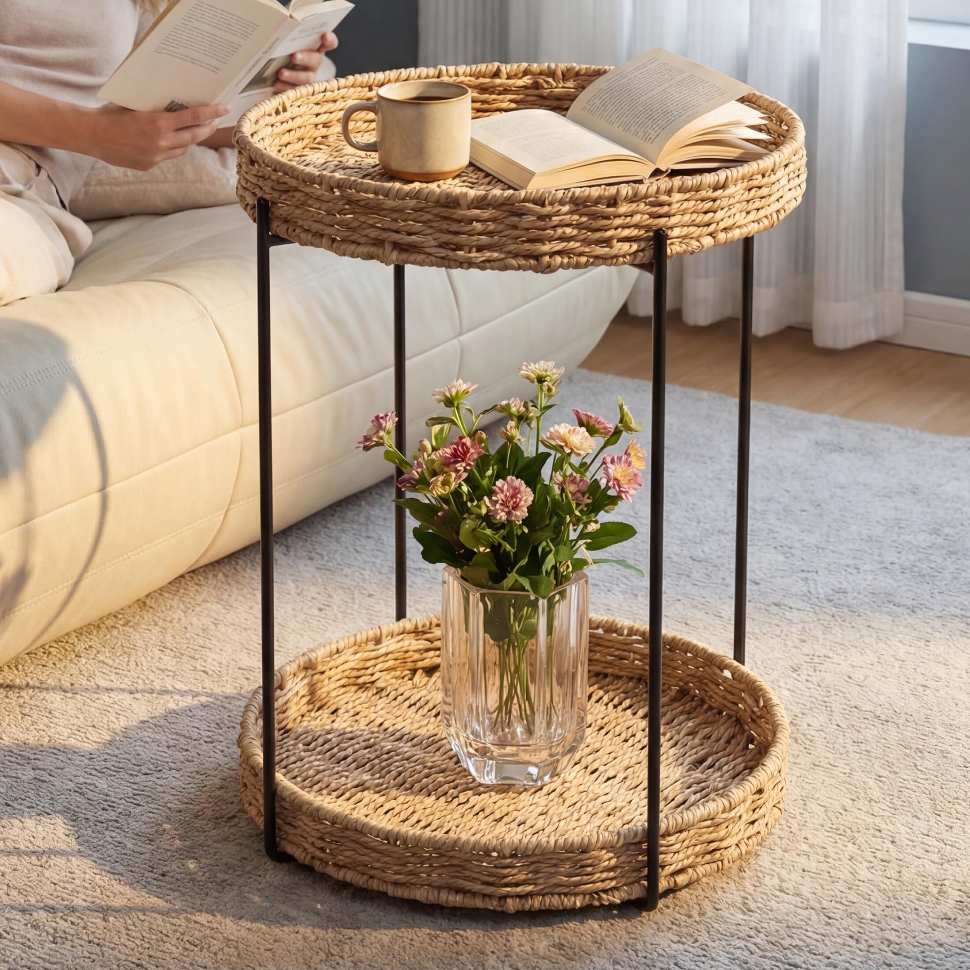 doporro Table d'Appoint Ronde Bout de Canapé à 2 Étagères Amovibles