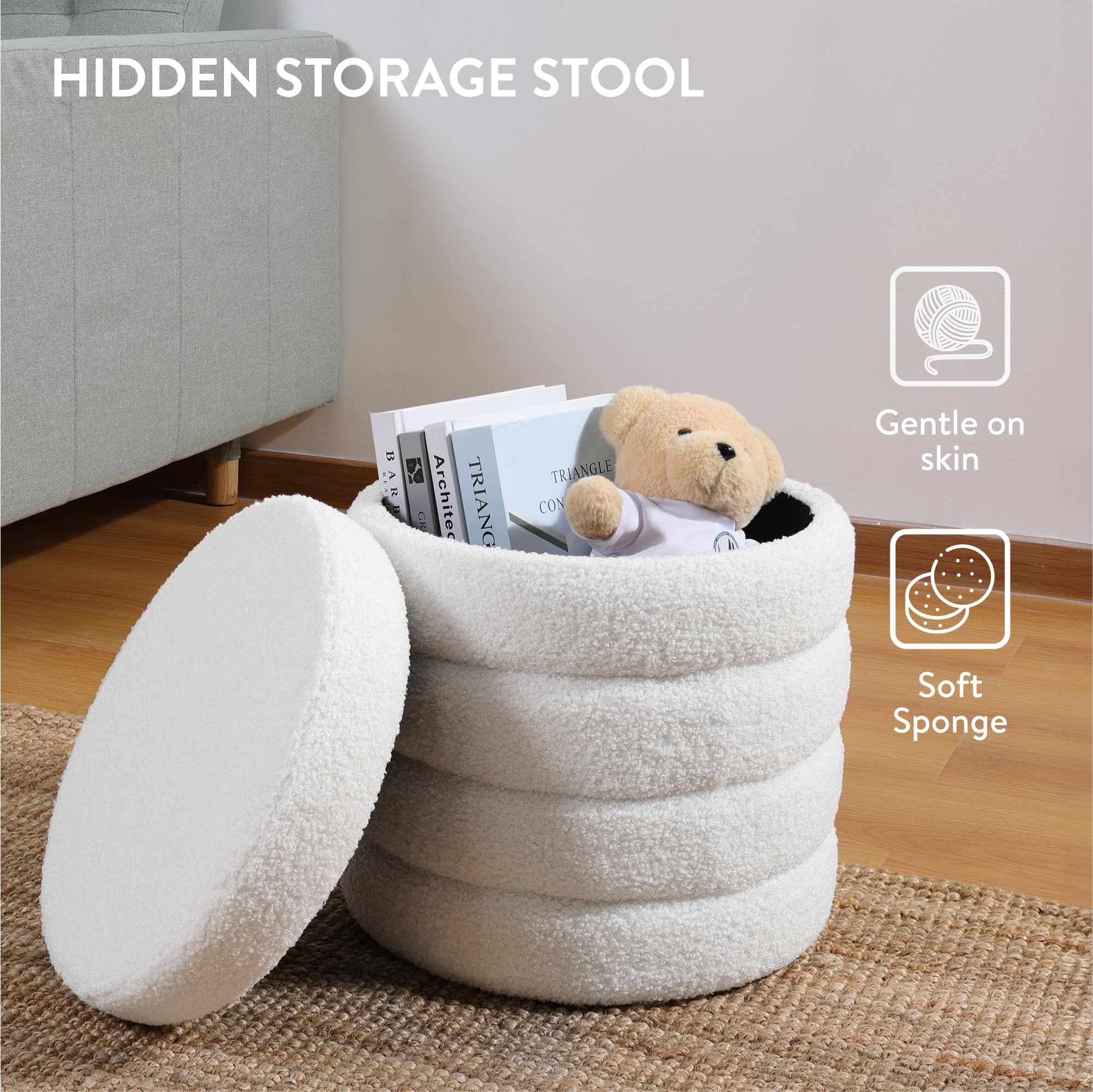 Relaxdays Pouf Poggiapiedi con Contenitore, Rotondo, Pieghevole, Imbottito, con Coperchio, Lino