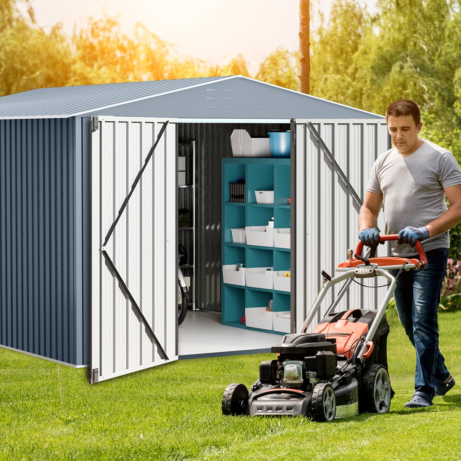 Garvee Abri De Jardin Métallique 10x12 ft, Remise Extérieure Spacieuse en Acier Galvanisé avec Portes Verrouillables, Toit Incliné Et Ventilation Intégrée
