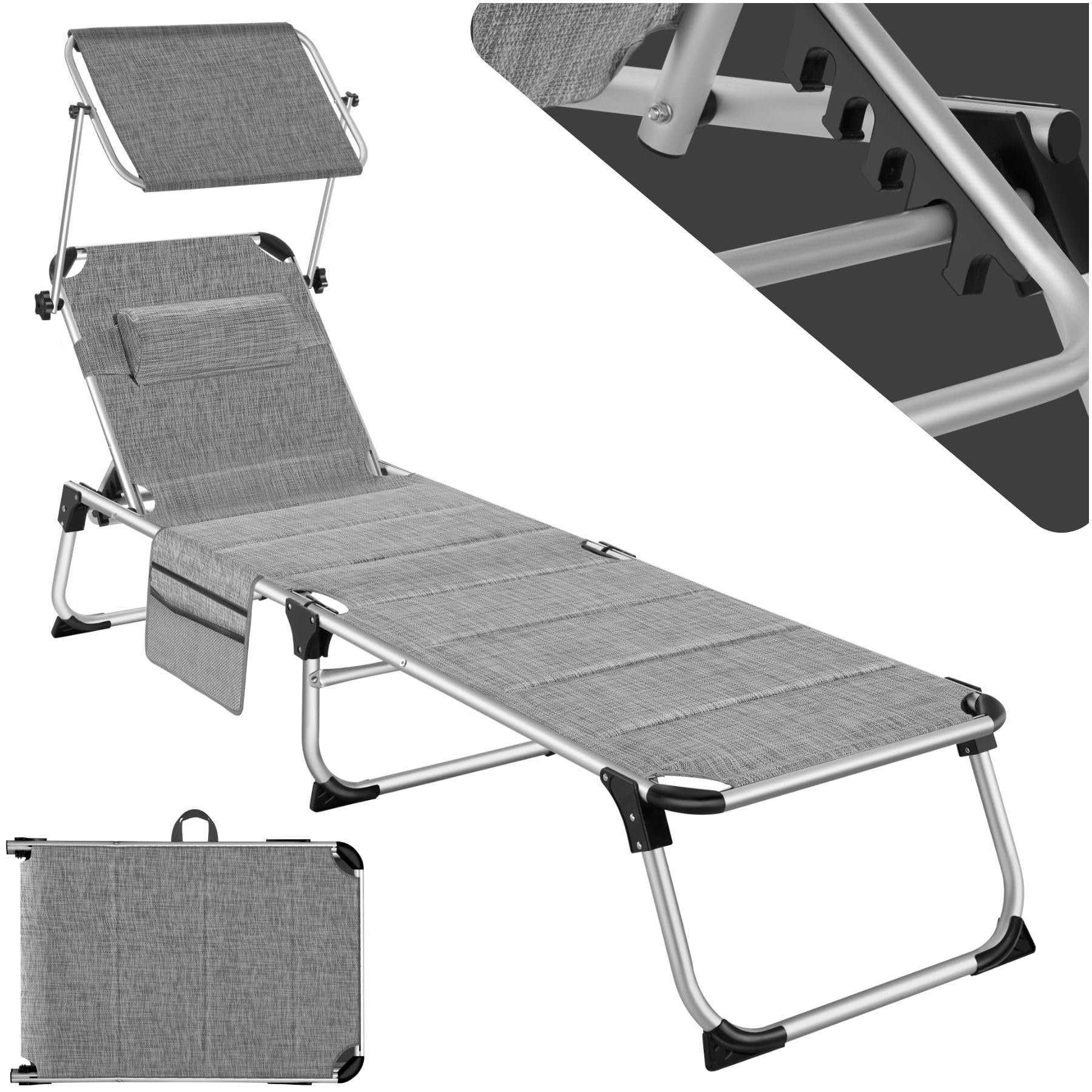 tectake® Tumbona Jardín Exterior de Aluminio, Tumbona Plegable con Reposacabezas, Parasol y Bolsillo Lateral, Tumbona Playa Reclinable 6 Posiciones, Tumbona Piscina Resistente a Intemperie -Gris jasp.