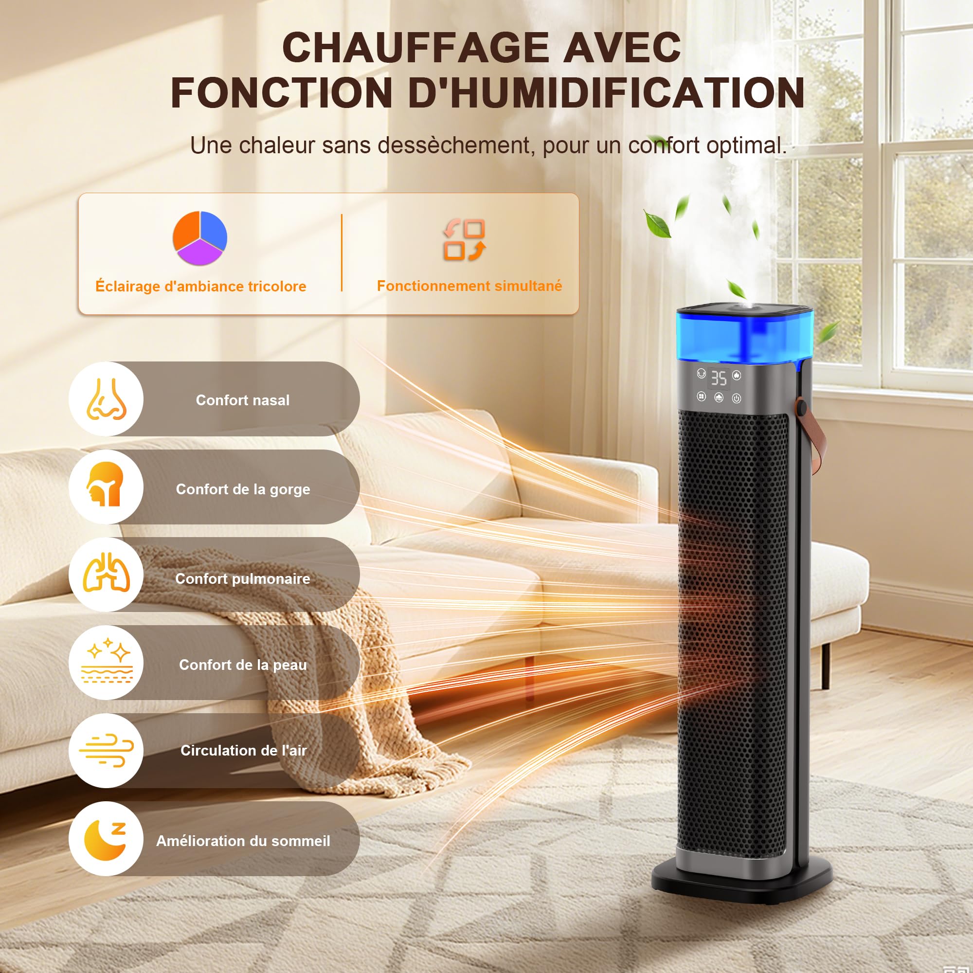 Chauffage électrique à faible consommation 2000 W PTC avec humidification, télécommande, 75 ° oscillation, 3 éclairage ambiant, ECO, minuterie 12H, protection contre la surchauffe et le basculement