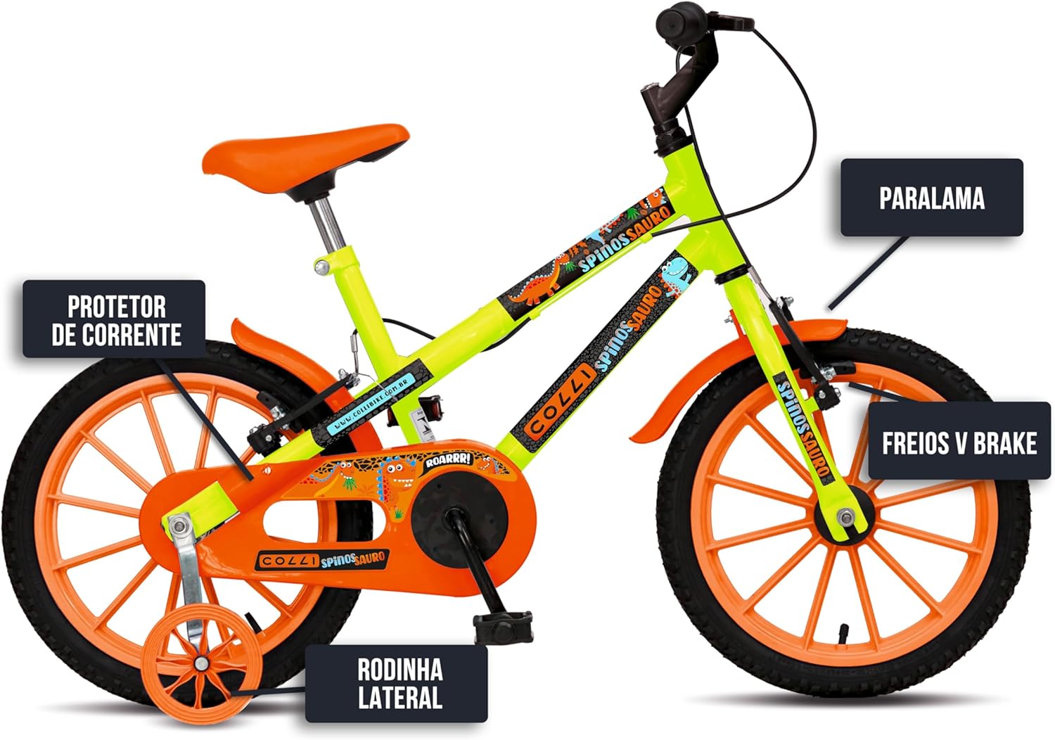 Bicicleta lateral com detalhes coloridos em fundo branco.