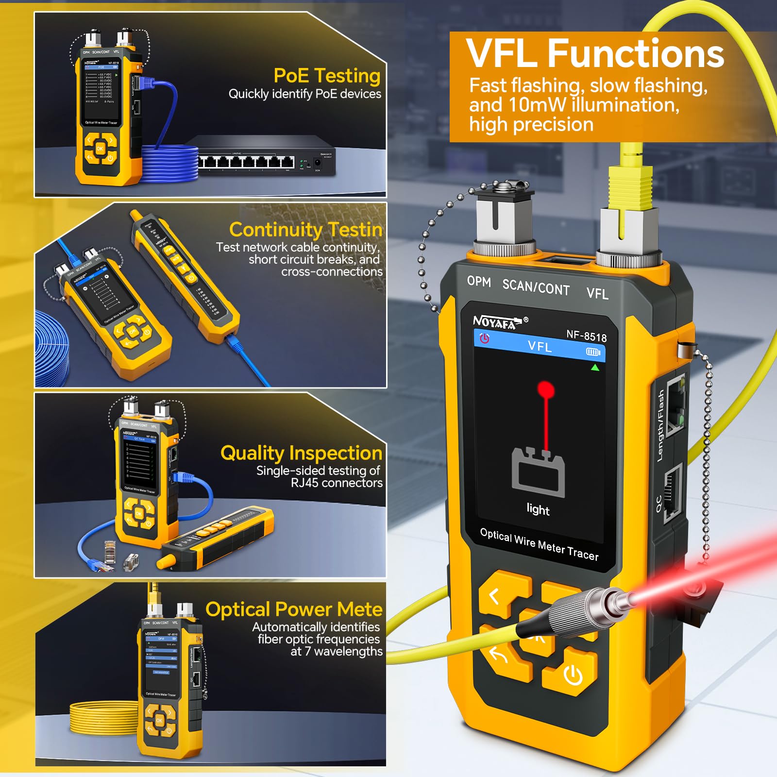 NOYAFA NF-8518 Netzwerkkabeltester mit optischem Leistungsmesser, Ethernet-Kabeltester, CAT6-Kabelortungsgerät, VFL-PoE-QC-Port-Flicker, Längenmessung, Glasfaser-Fehlerortungsgerät | Ethernet-Kabeltester, RJ45, CAT5, CAT6, Kabel-Tracker, NCV-PoE-QC-Port-F