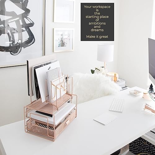 Miniatura 2 de BLU MONACO Workspace - Organizador de escritorio y accesorios de escritorio de oro rosa con clasificadores de archivos y cajón para suministros de