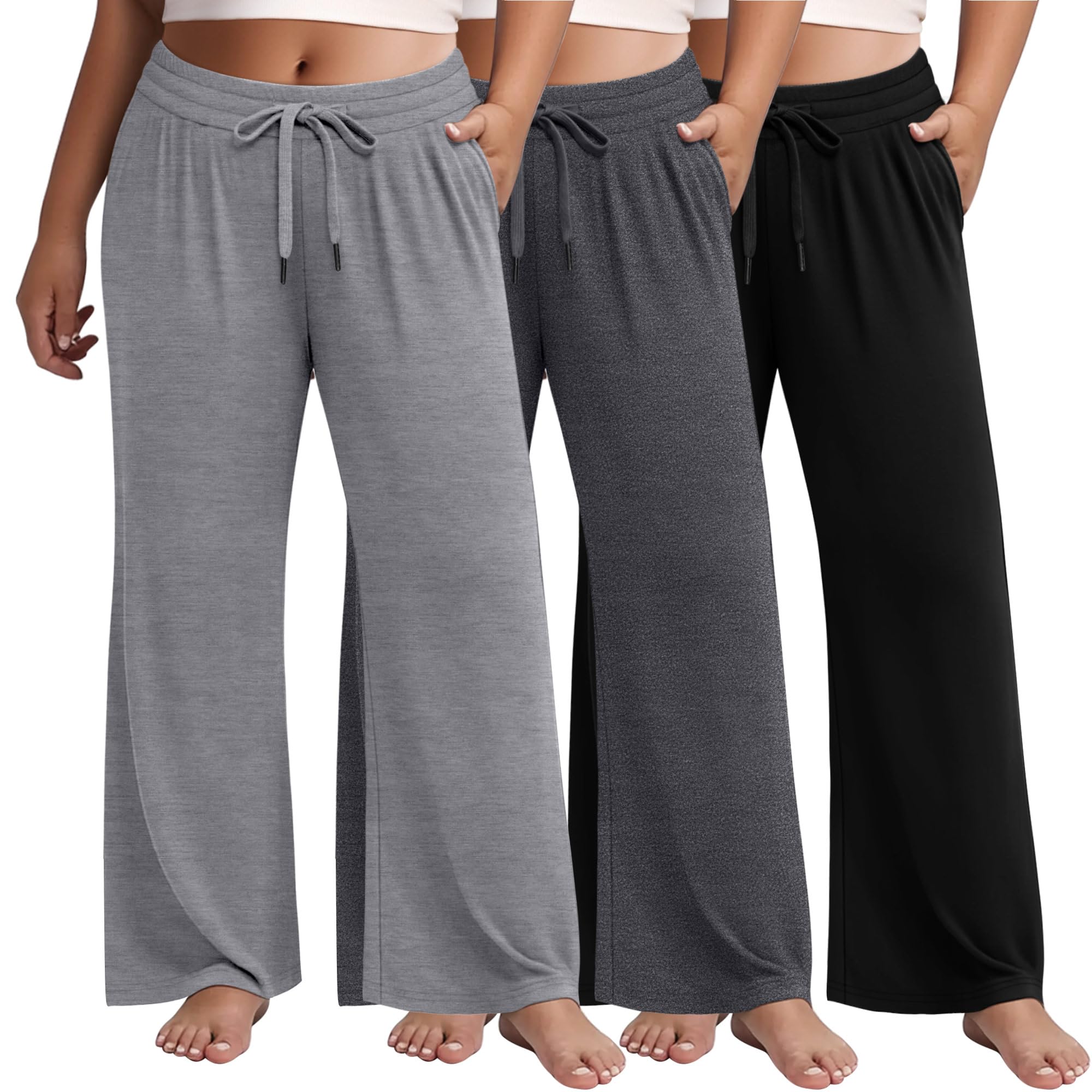 Huukeay 3 Pack Womens Plus Size Pants Wide Leg Yoga Pants Baggy Lounge Sweatpants with Pockets Drawstring High