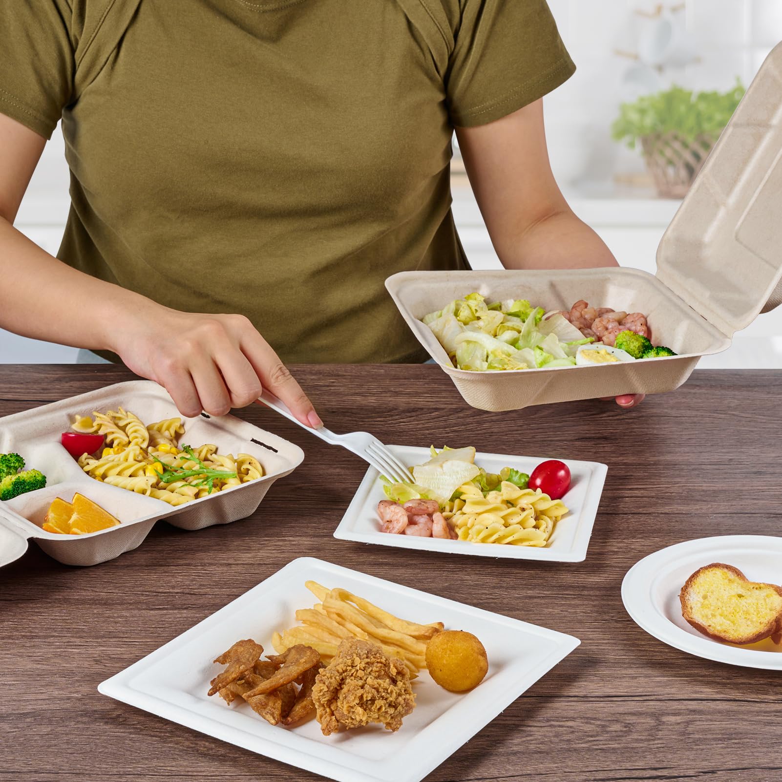 ECOLipak Paquete de 50 recipientes de alimentos Clamshell Take Out, contenedores desechables 100% compostables, cajas resistentes de 8 x 8 pulgadas, contenedores ecológicos biodegradables para llevar