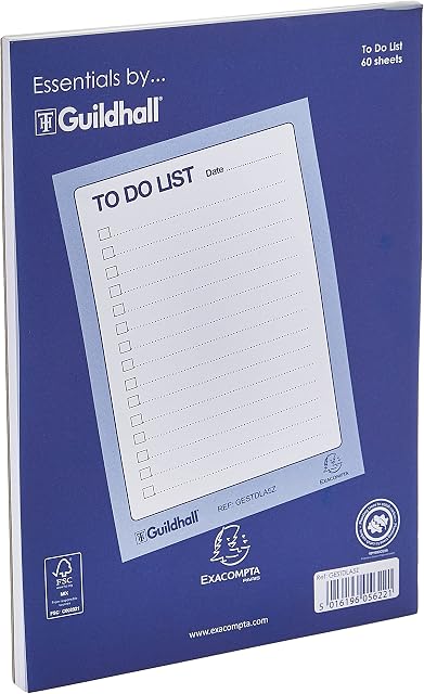 Exacompta - Ref GESTDLA5Z - Guildhall - Essentials To Do List Pad, A5, 60 Sheets, Pre-Ruled for Dates, Tick Boxes & Lines, Glue Bound Head for Easy Removal - Blue/White
