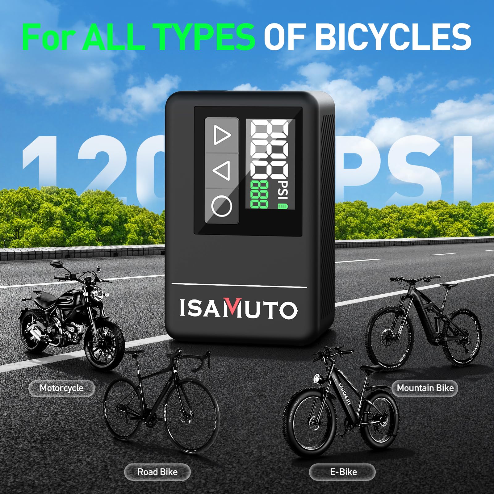 Mini pompa ad aria per bicicletta, portatile, elettrica, con manometro, max 120 psi, gonfiaggio rapido, spegnimento automatico, valvola Presta e Schrader, per bici da strada, mountain bike