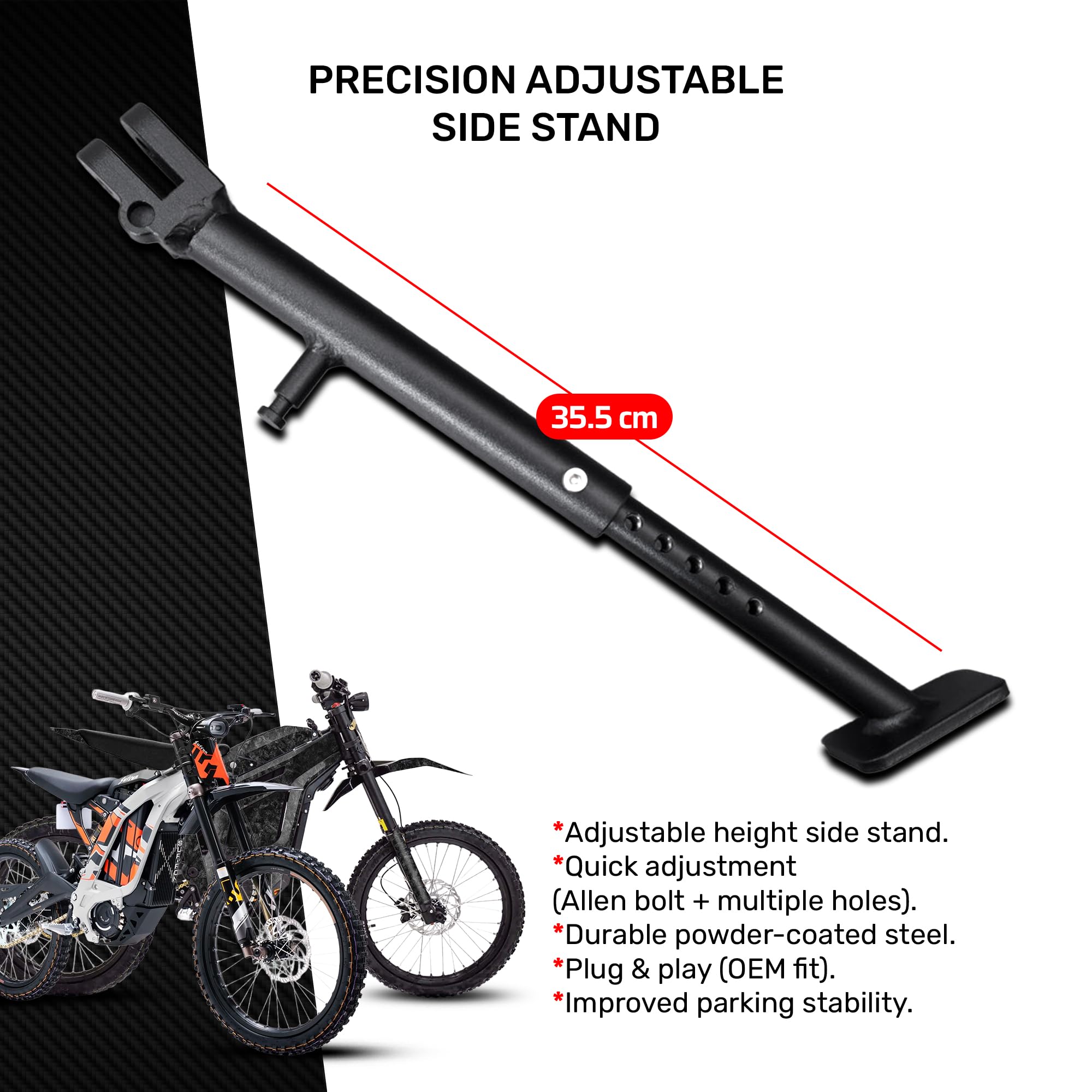 avdb-moto Caballete Lateral de acero compatible con SURRON LIGHT BEE X 2021-2026, LIGHT BEE ROAD-LEGAL 2023-2025, SEGWAY X160 / X 160 2020-2026, X250 / X 250 2020-2026, TALARIA STING MX3 2021-2025