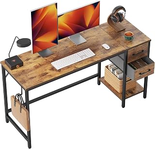 CubiCubi 47 Inch Computer Desk with 2 Drawers & Storage Shelf - Reversible Small Home Office Writing Table, Rustic Brown