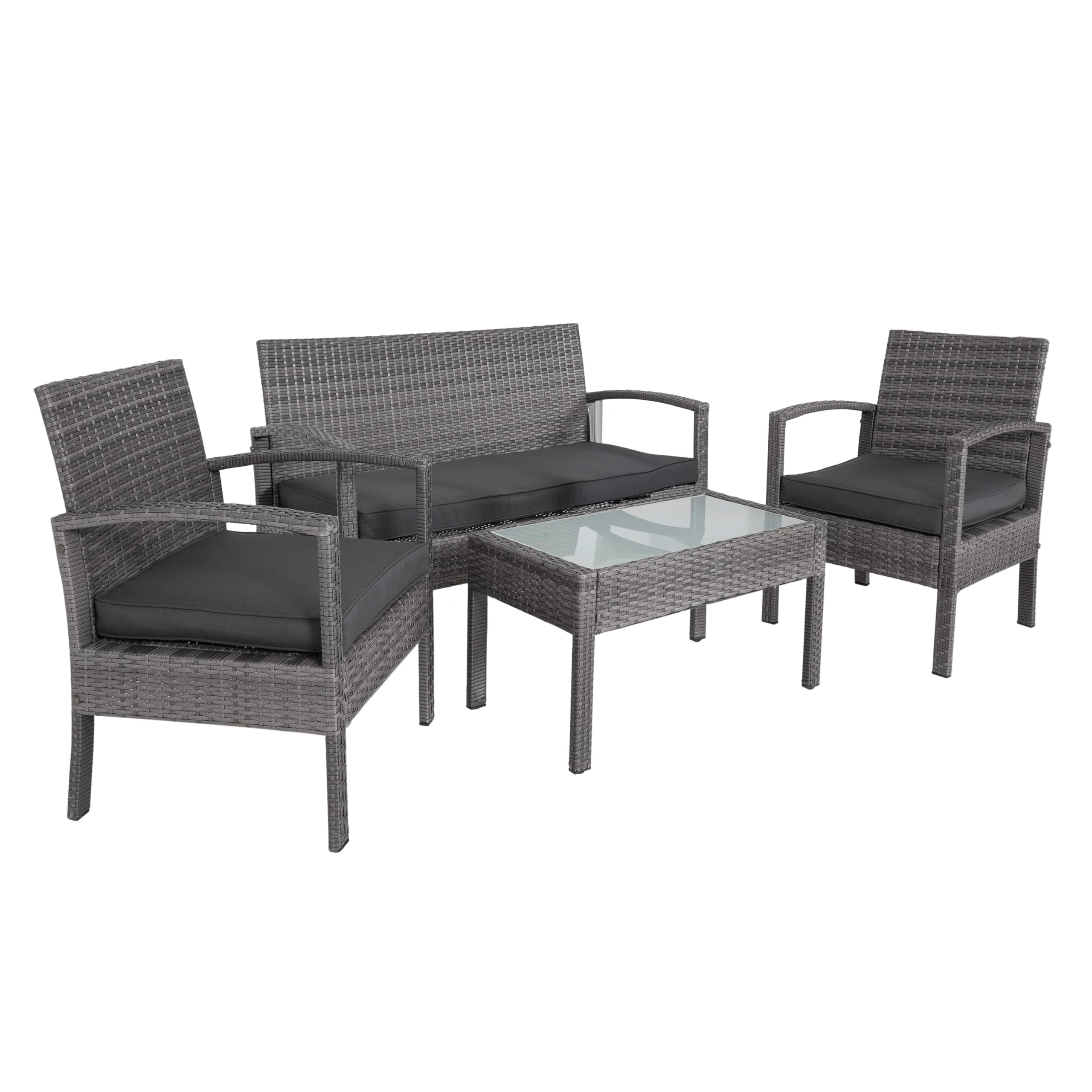 CASARIA Conjunto Muebles Jardín 4 Piezas Poliratán Mesa Cristal Gris | 2 Sillones, Banco, Cojines 5cm, Acero Galvanizado, Repelente Agua, Patas Regulables, 4 Personas, Terraza, Balcón, Ventosas