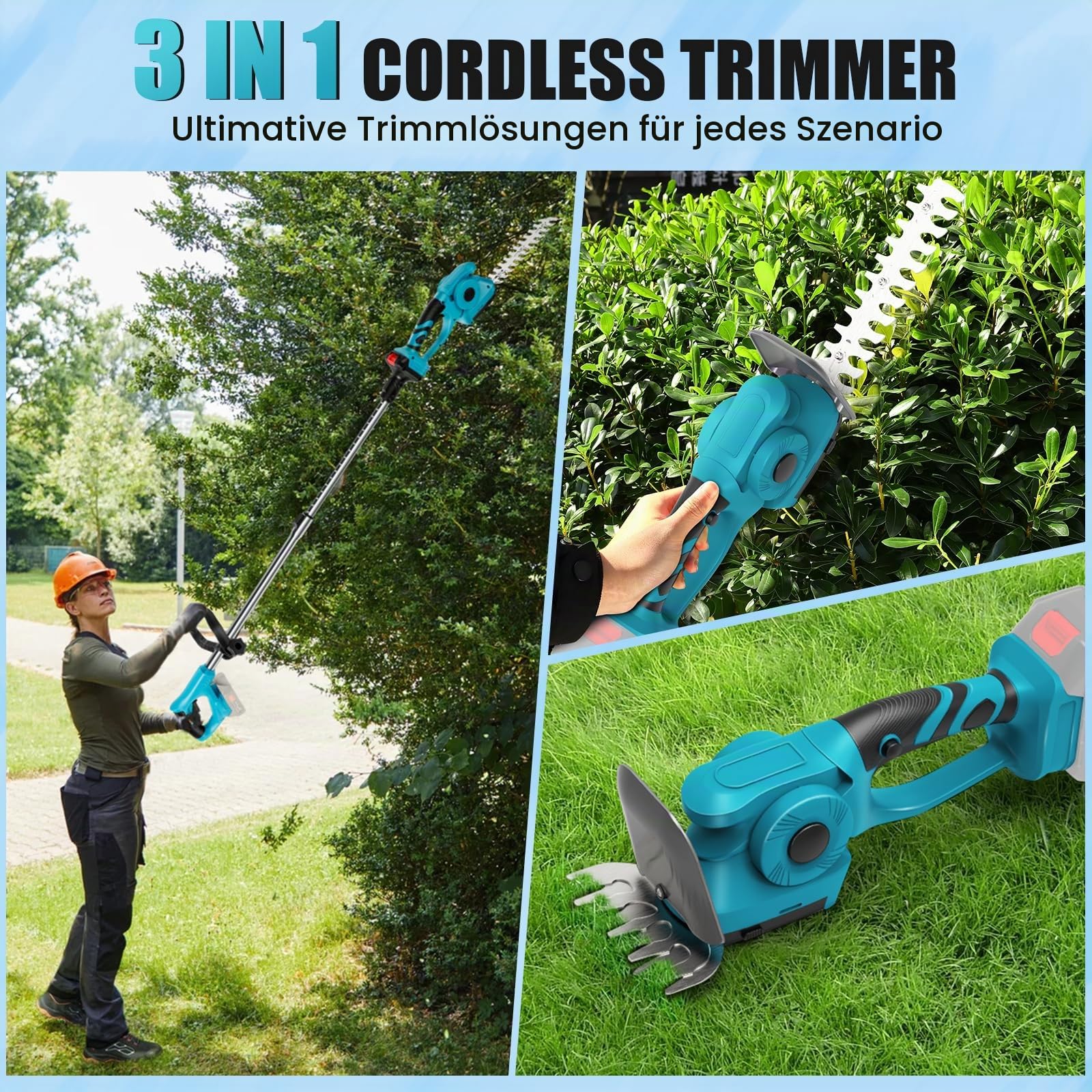 3 in 1 Akku Teleskop Heckenschere kompatibel mit Makita 18V, Akku Grasschere und Strauchschere Messerlänge 220 mm & 130mm, 90°abwinkelbarer Kopf für Strauch und Heckenschnitt (ohne Akku)