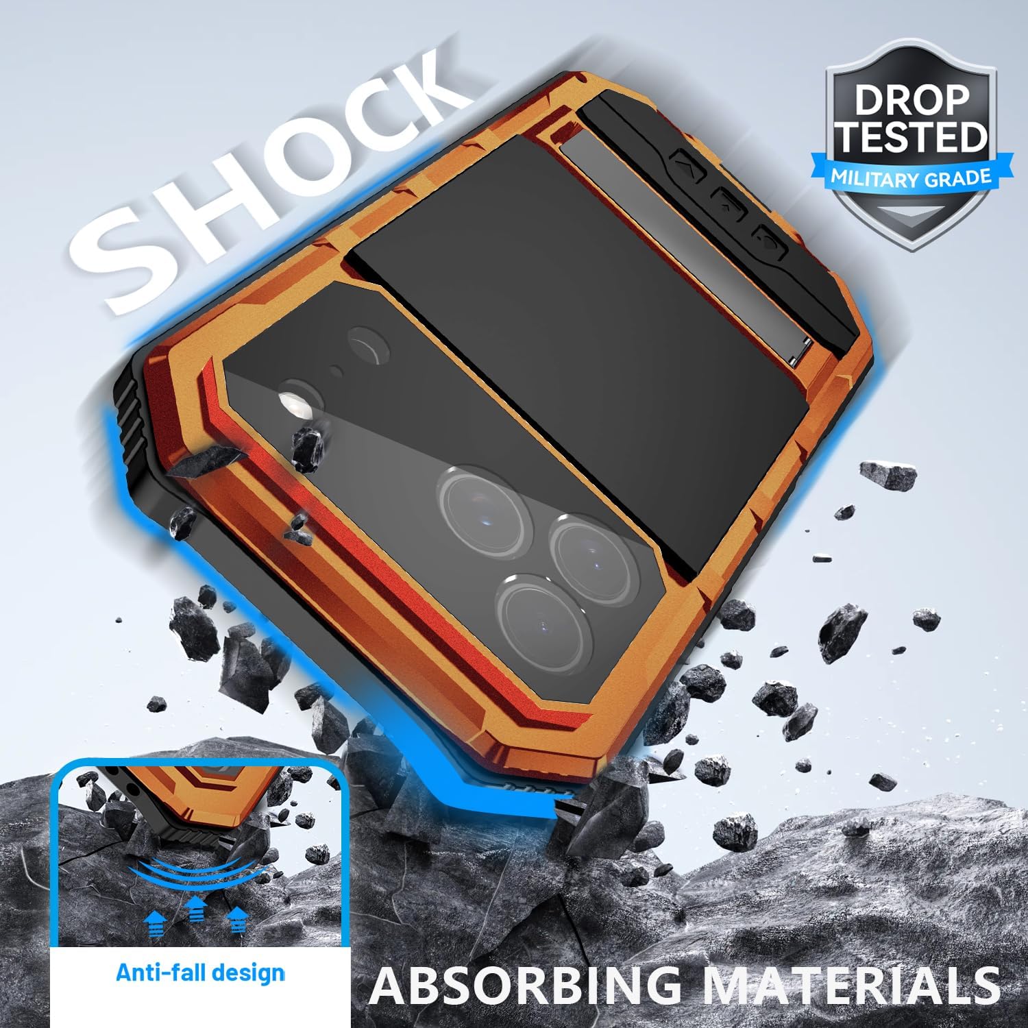 Simicoo Military Metal Heavy Duty Case Compatible with iPhone 17 Pro, Drop Protection Rugged Defender Metal Bumper Screws Phone Cover with Stand Gorilla Glass Camera Cover Full Body Dustproof Orange